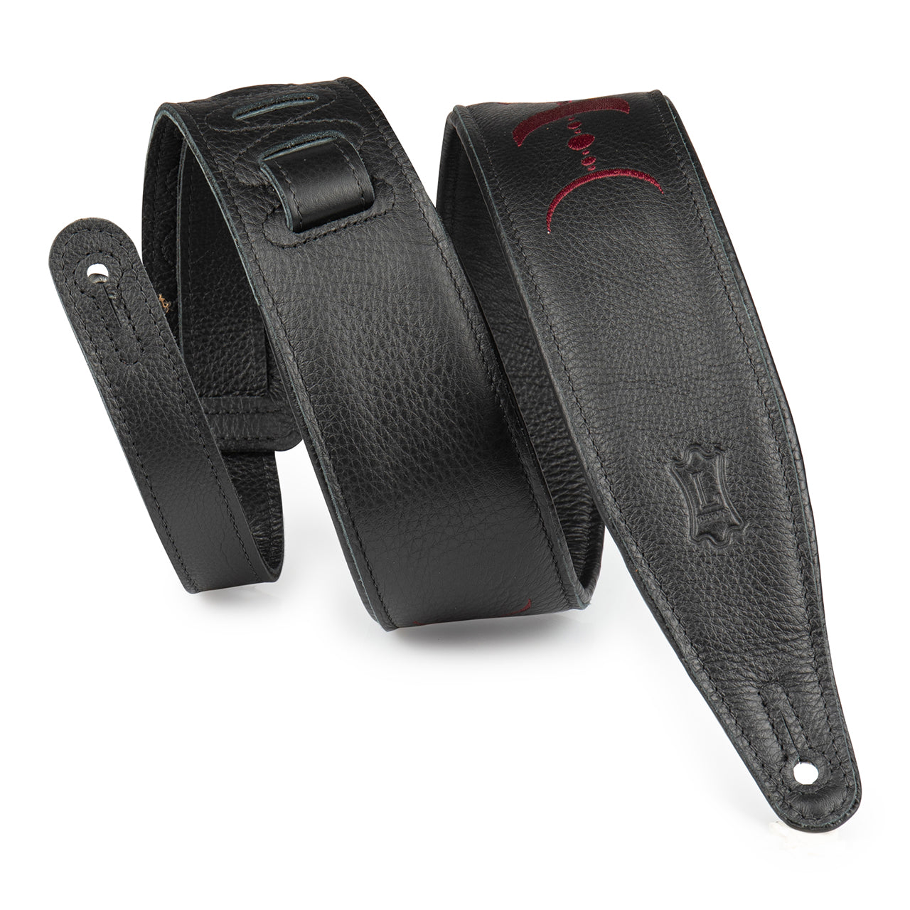 Levy's Moon Phases Series 2.5" Leather Guitar Strap, Black With Burgundy Embroidery,