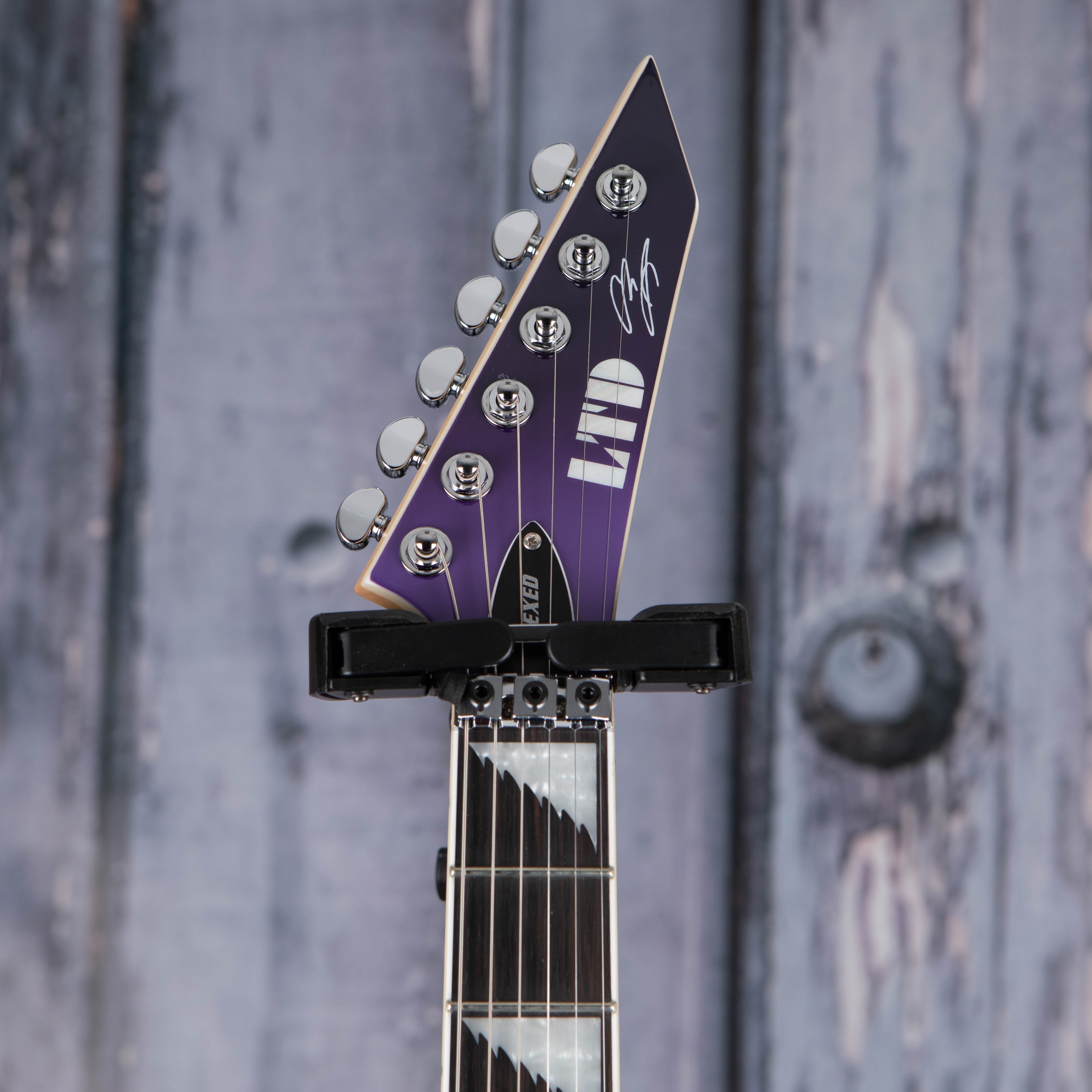 ESP LTD Alexi Hexed Electric Guitar, Purple Fade W/ Pinstripes, front headstock