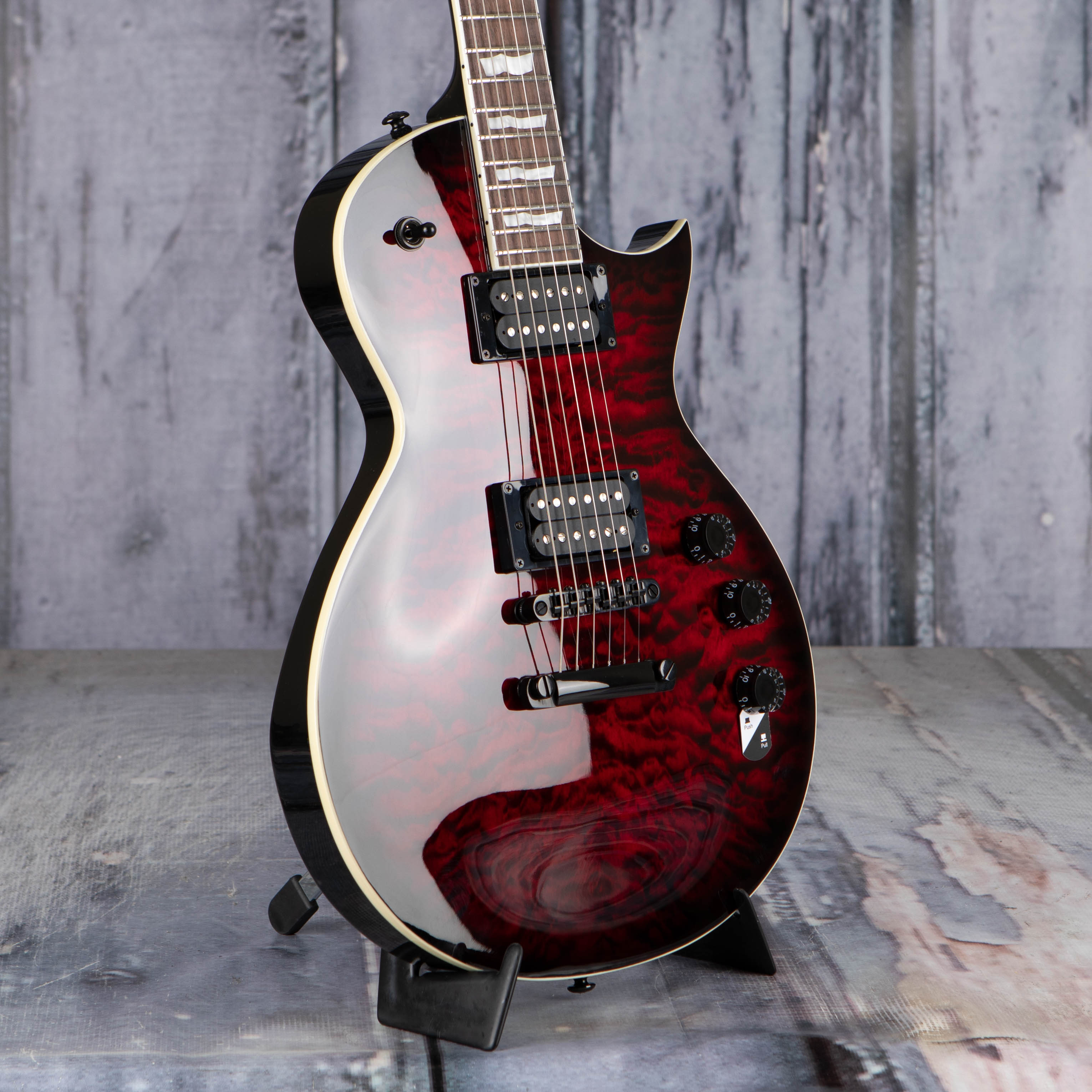 ESP LTD EC-256QM Electric Guitar, See Thru Black Cherry Sunburst, angle