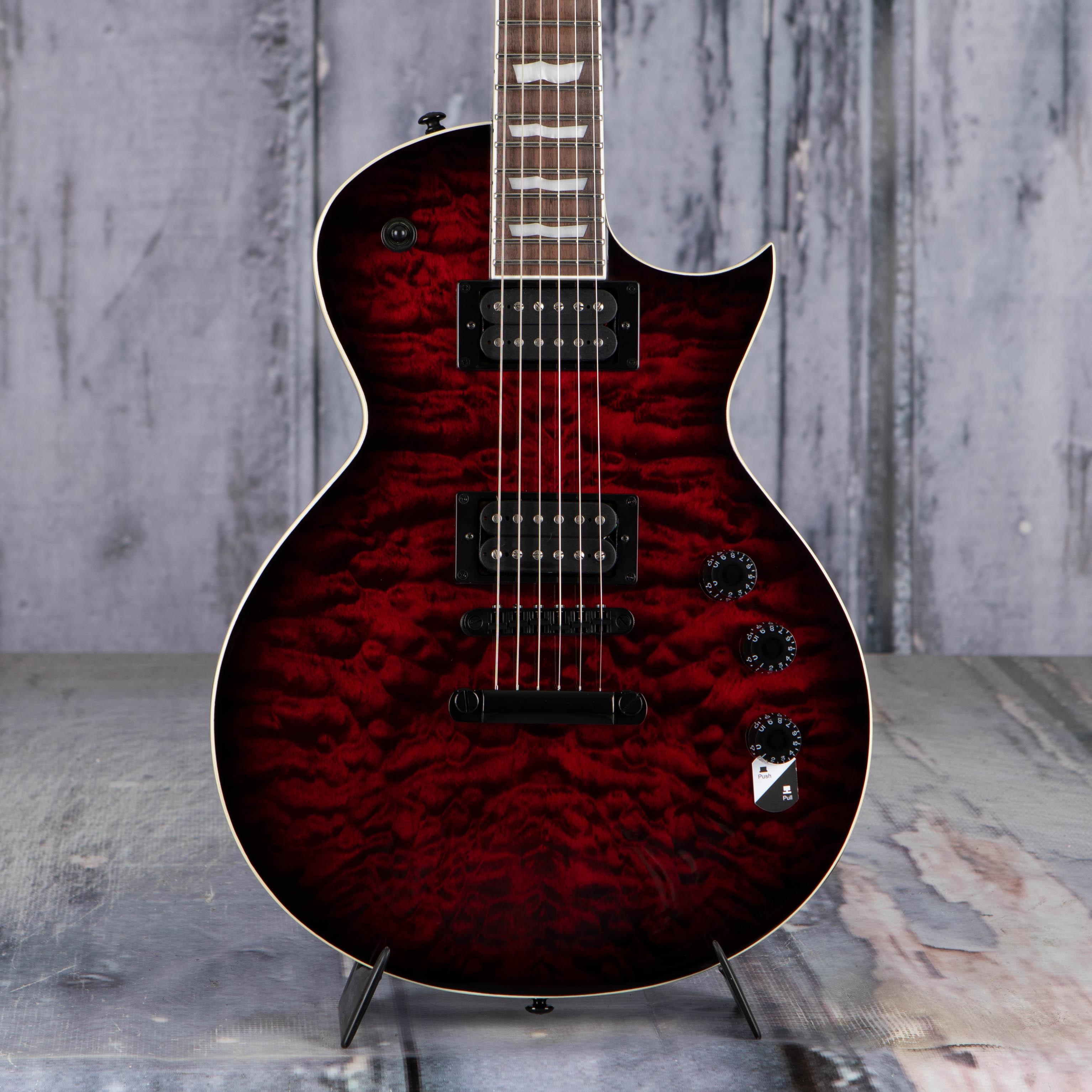 ESP LTD EC-256QM Electric Guitar, See Thru Black Cherry Sunburst, front closeup