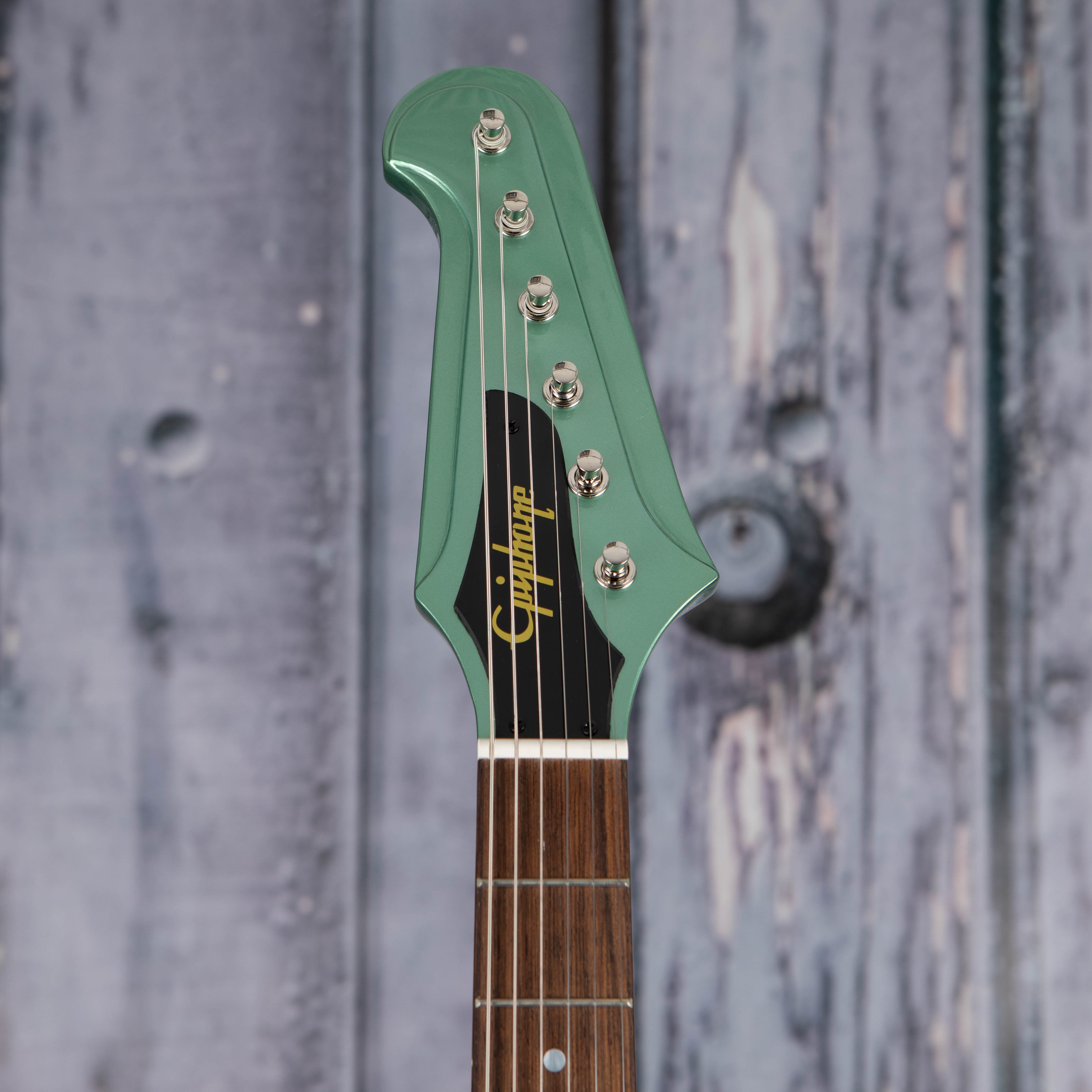 Epiphone 1963 Firebird I Electric Guitar, Inverness Green, front headstock