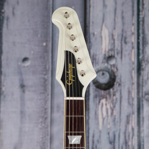 Epiphone 1963 Firebird V Reissue W/ Maestro Vibrola Electric Guitar, Polaris White, front headstock