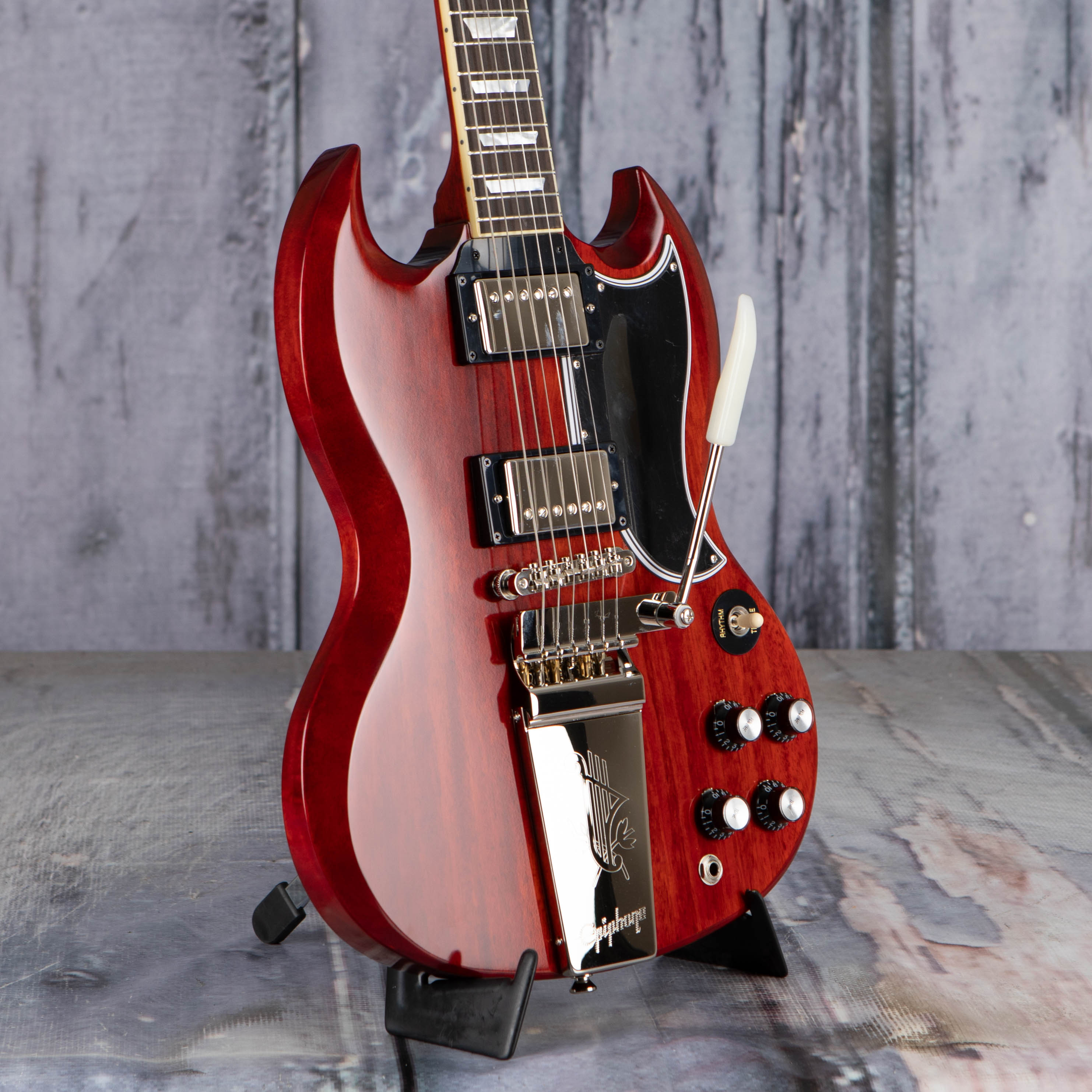 Epiphone 1964 SG Standard W/ Maestro Vibrola Reissue Electric Guitar, Cherry Red, angle