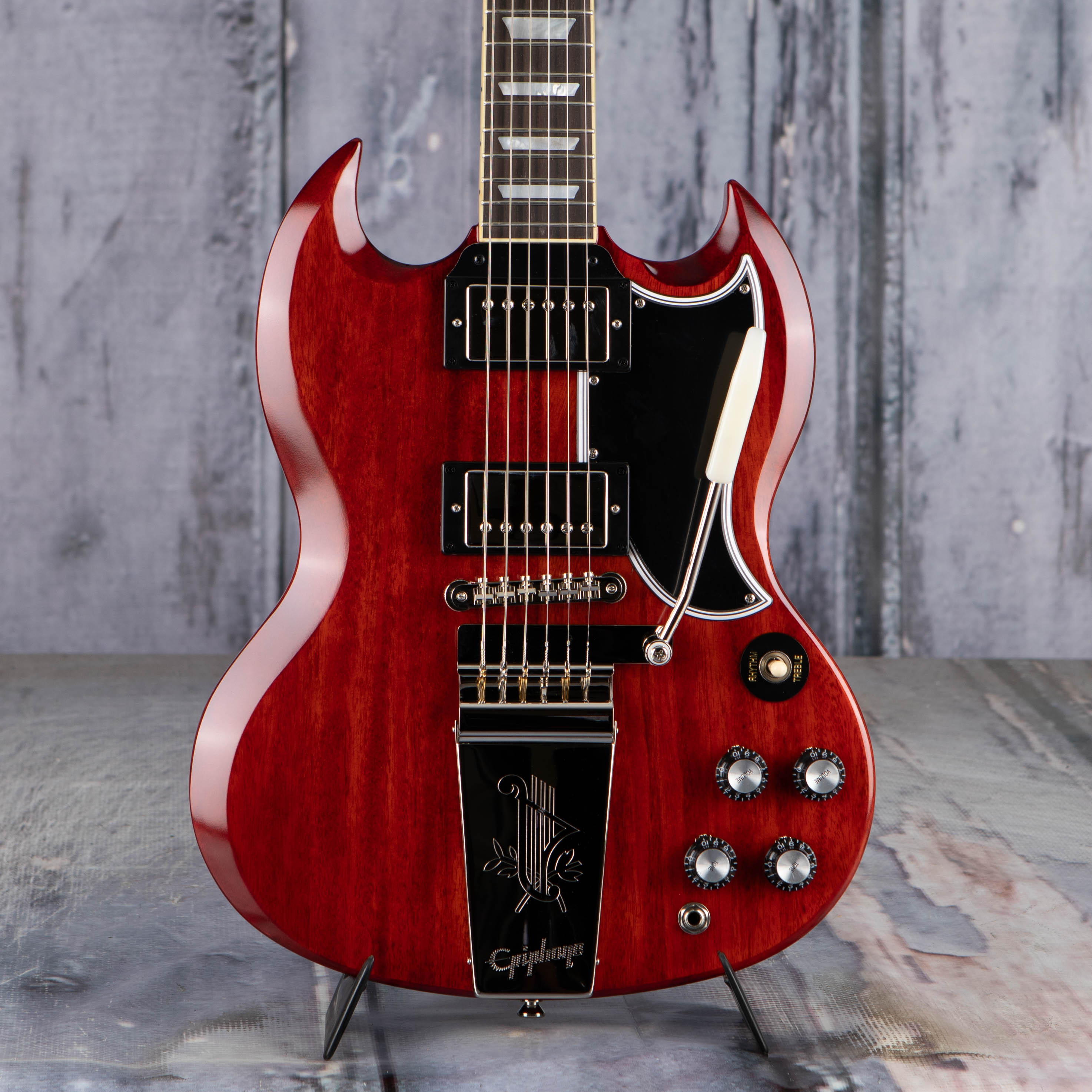 Epiphone 1964 SG Standard W/ Maestro Vibrola Reissue Electric Guitar, Cherry Red, front closeup