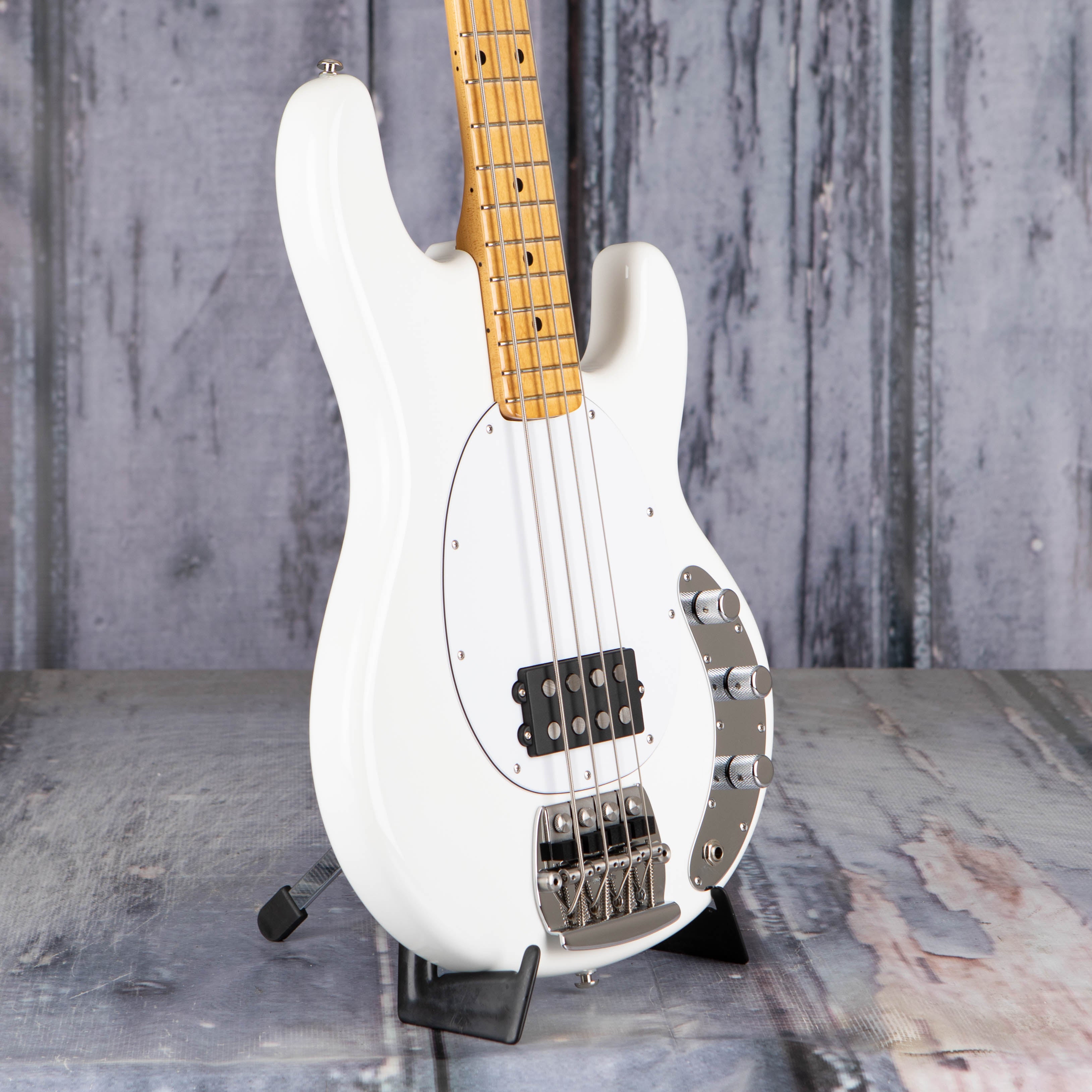 Ernie Ball Music Man Retro '70s StingRay Electric Bass Guitar, White, angle