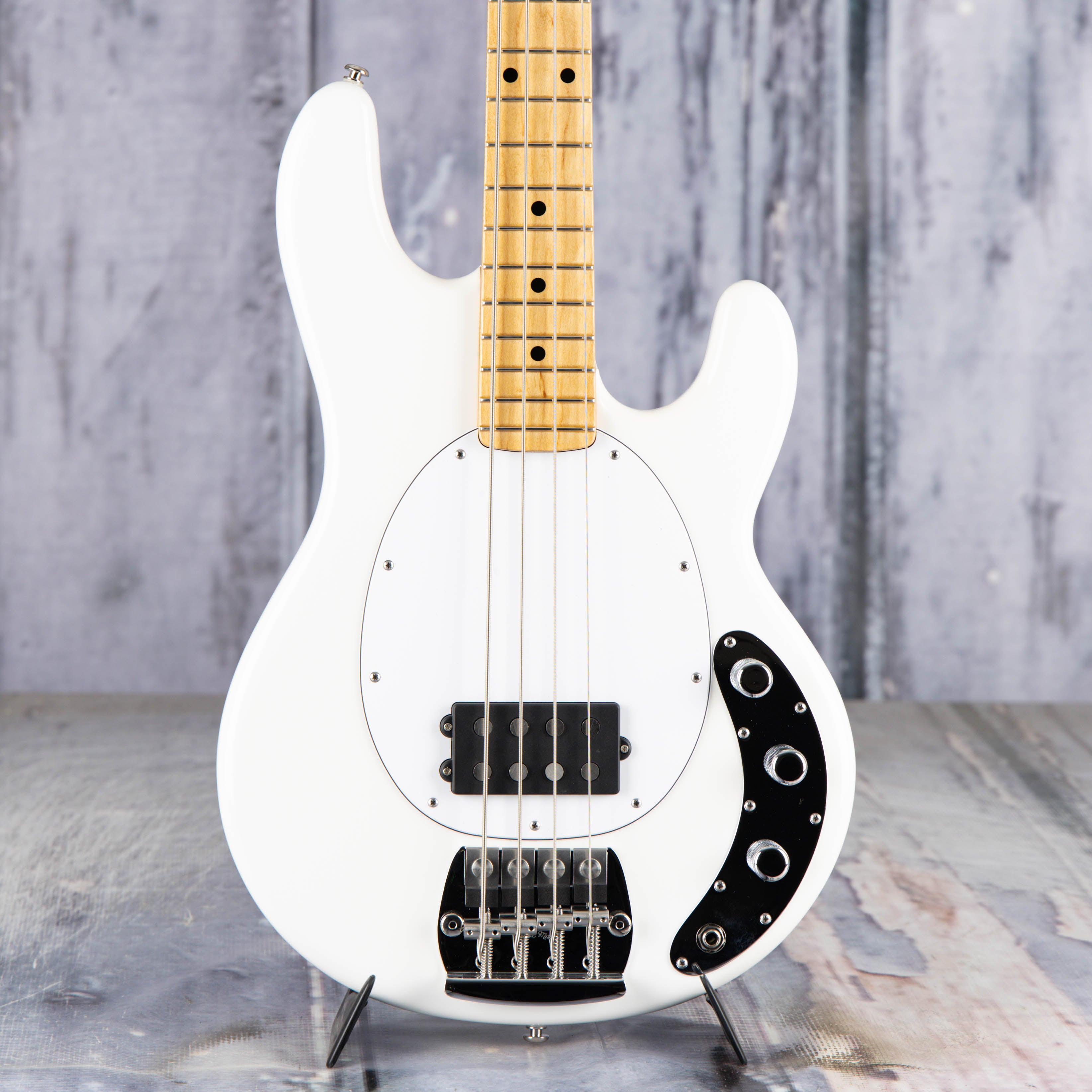 Ernie Ball Music Man Retro '70s StingRay Electric Bass Guitar, White, front closeup