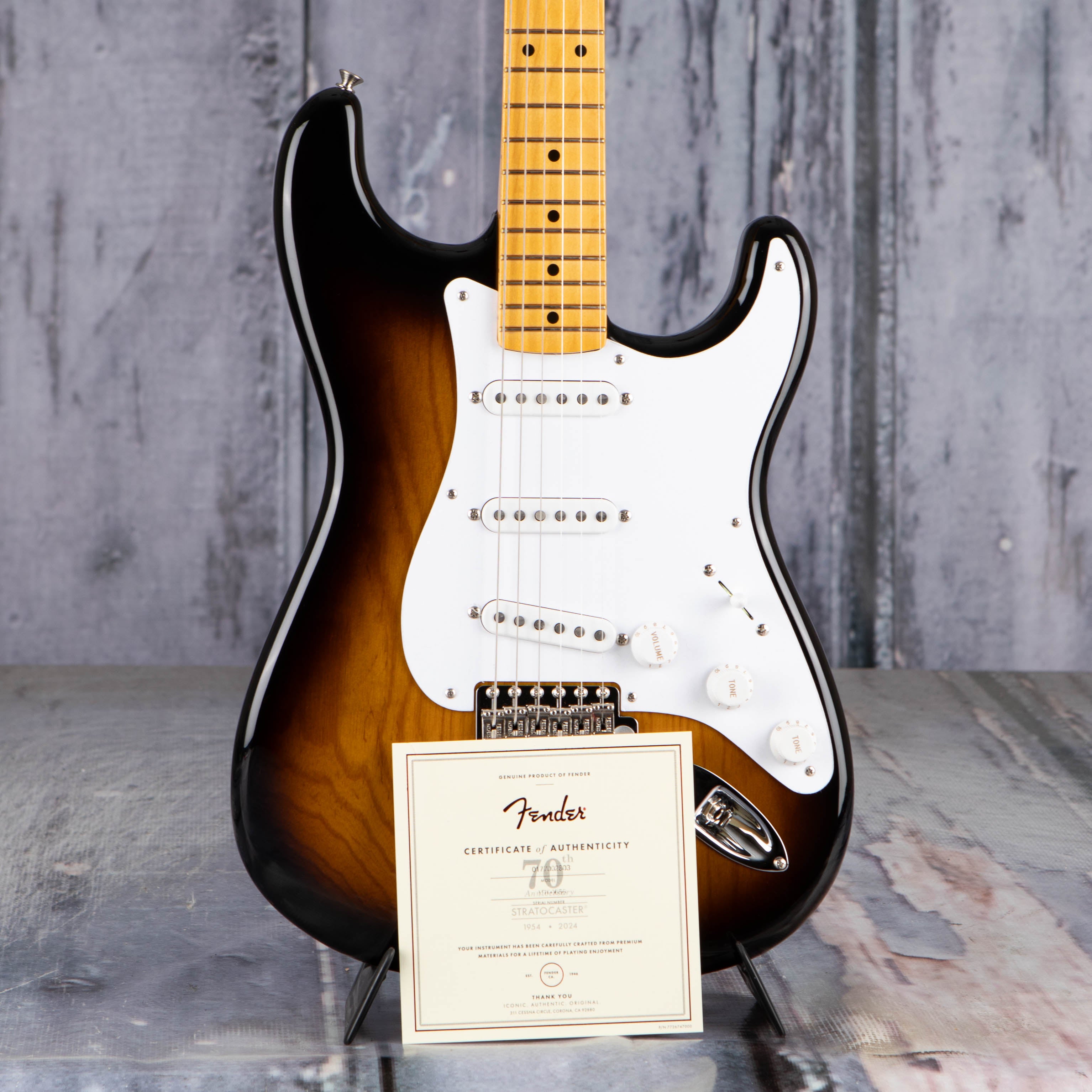 Fender 70th Anniversary American Vintage II 1954 Stratocaster Electric Guitar, 2-Color Sunburst, coa