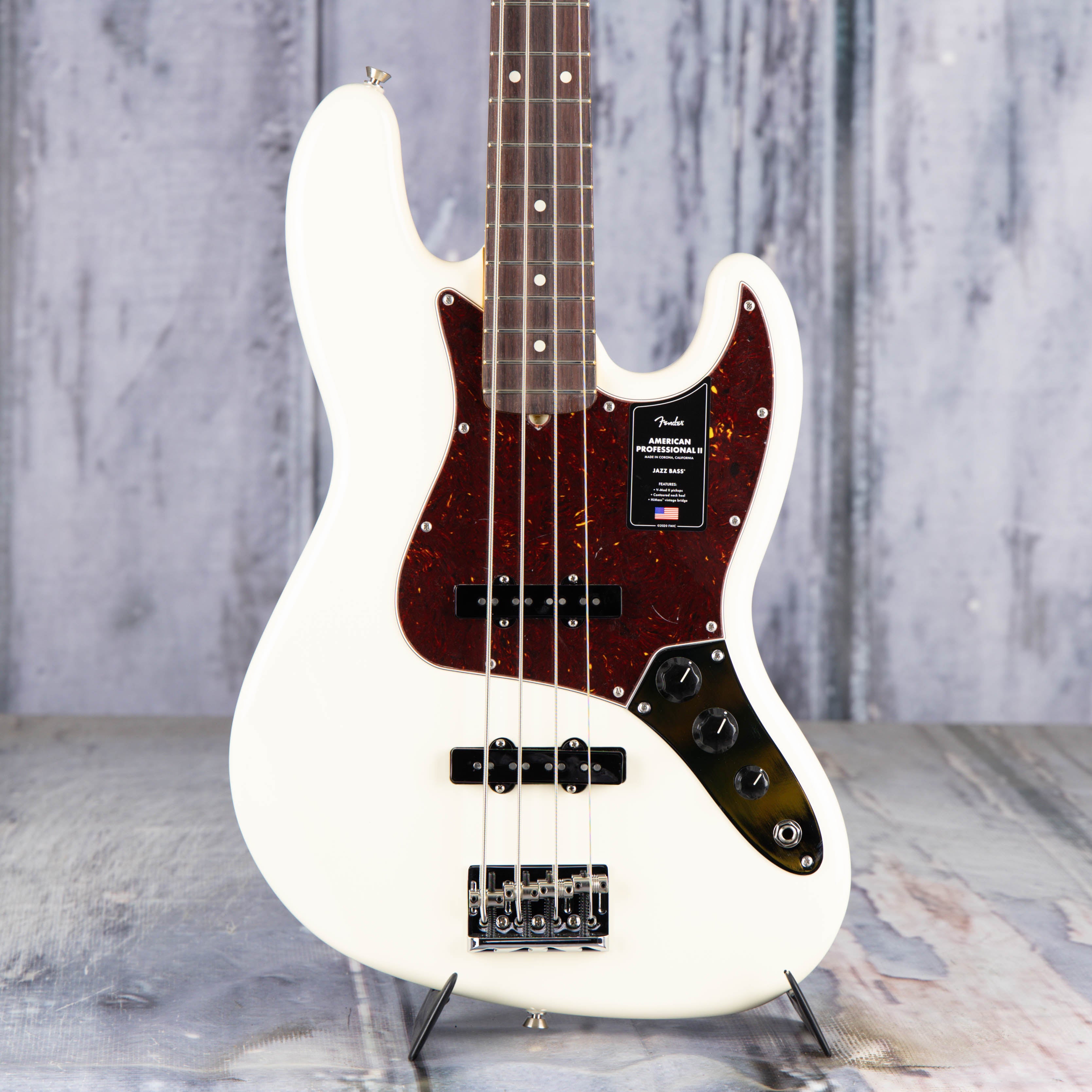 Fender American Professional II Jazz Bass Guitar, Olympic White, front closeup