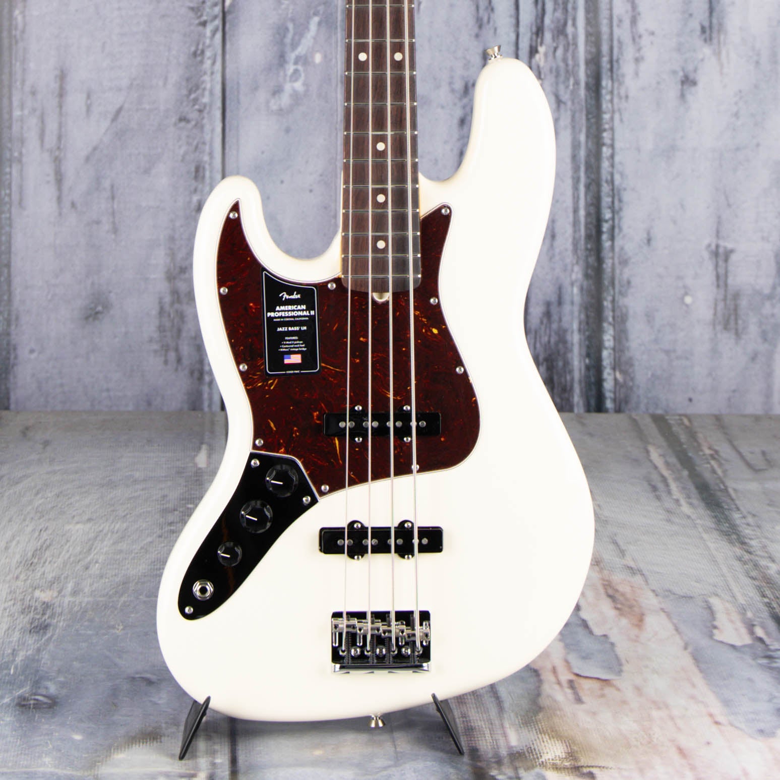 Fender American Professional II Jazz Bass Left-Handed Guitar, Olympic White, front closeup