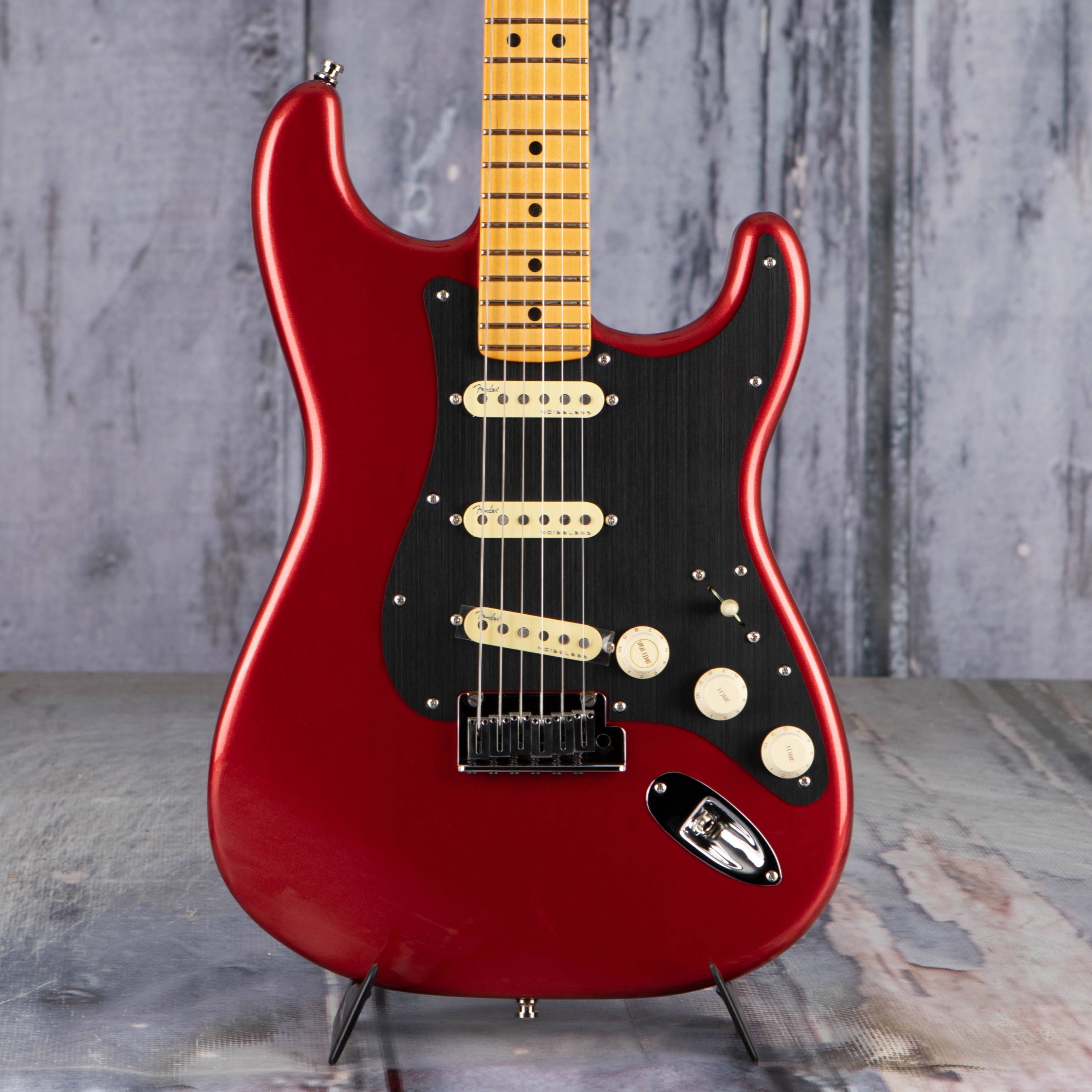Fender American Ultra II Stratocaster Electric Guitar, Sinister Red, front closeup