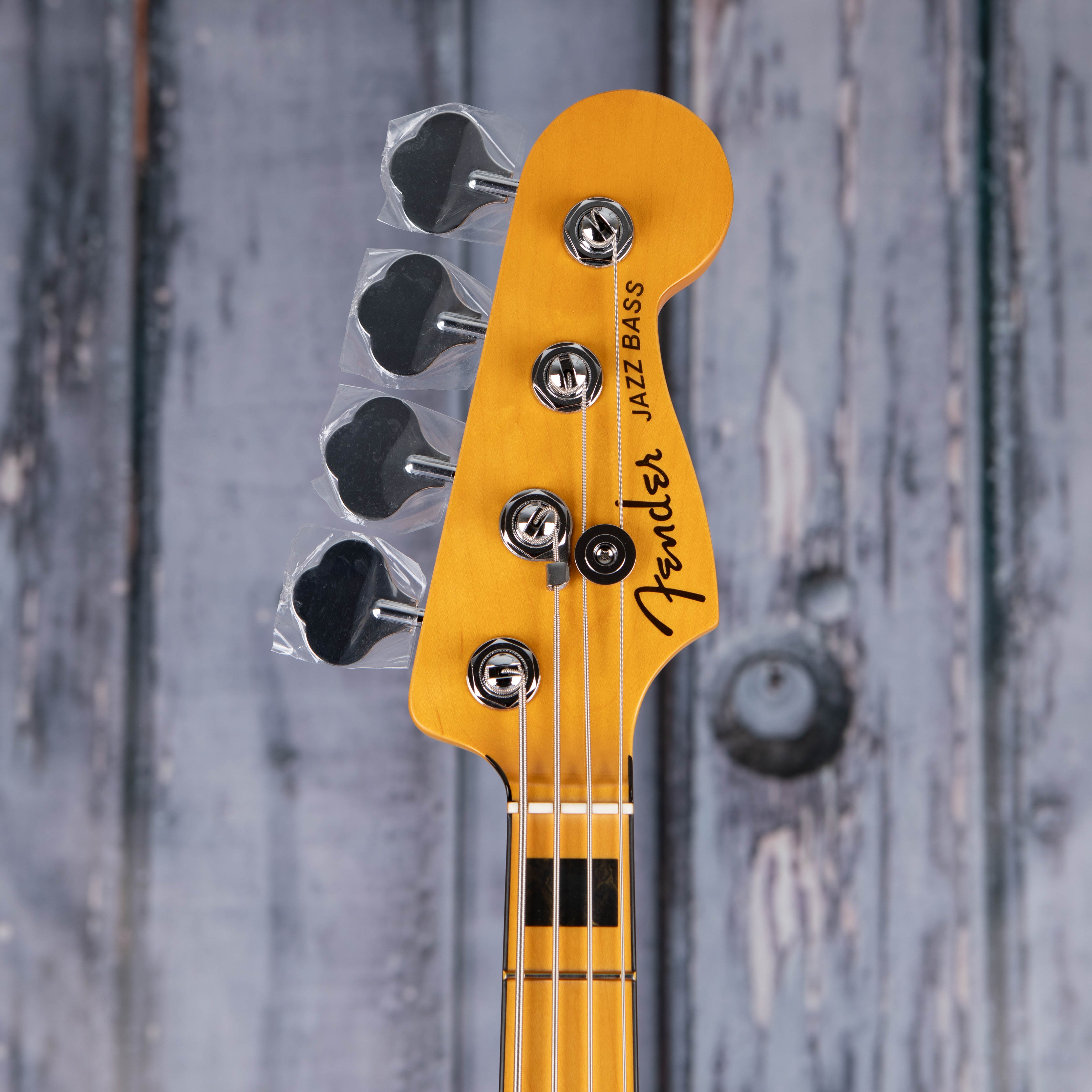 Fender American Ultra Jazz Bass Guitar, Maple Fingerboard, Texas Tea, front headstock