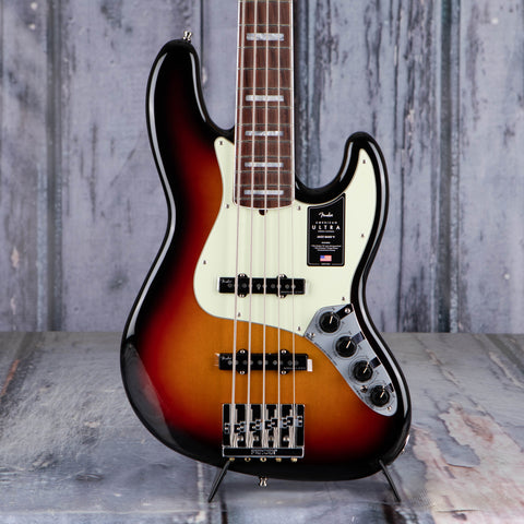 Fender American Ultra Jazz Bass V 5-String Bass Guitar, Rosewood Fingerboard, Ultraburst, front closeup
