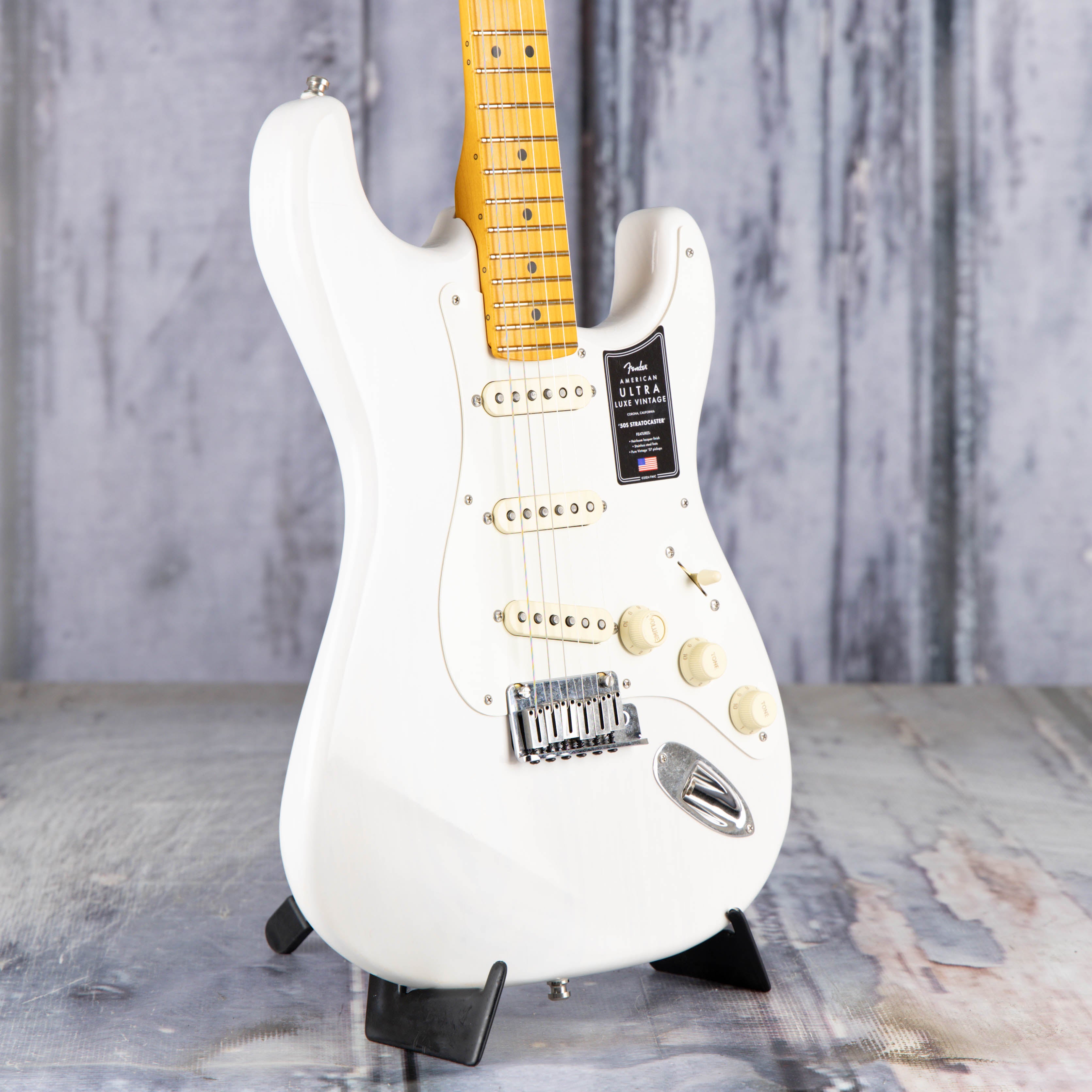 Fender American Ultra Luxe Vintage '50s Stratocaster Electric Guitar, White Blonde, angle