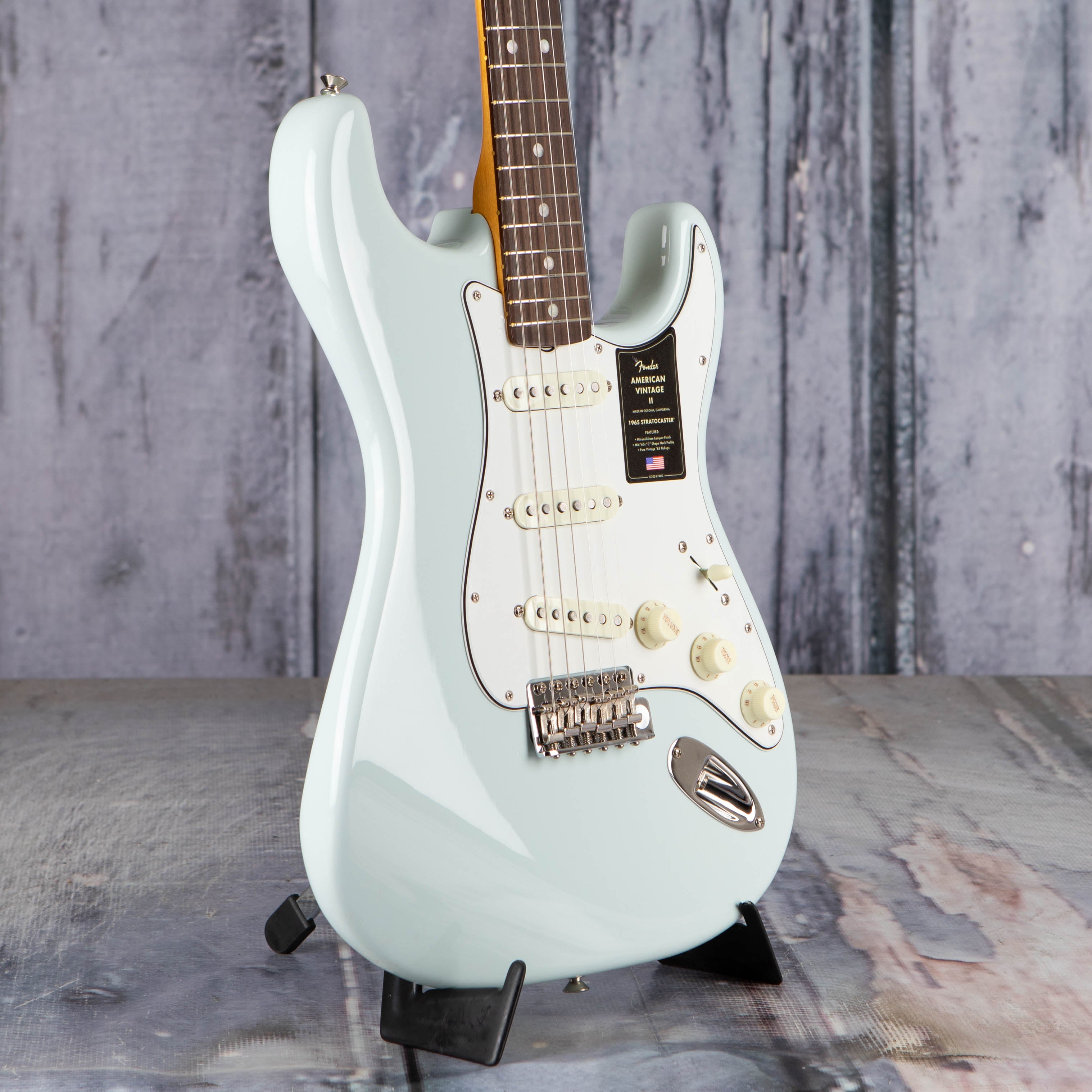 Fender American Vintage II 1965 Stratocaster Electric Guitar, Sonic Blue, angle