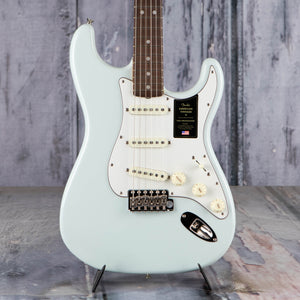 Fender American Vintage II 1965 Stratocaster Electric Guitar, Sonic Blue, front closeup