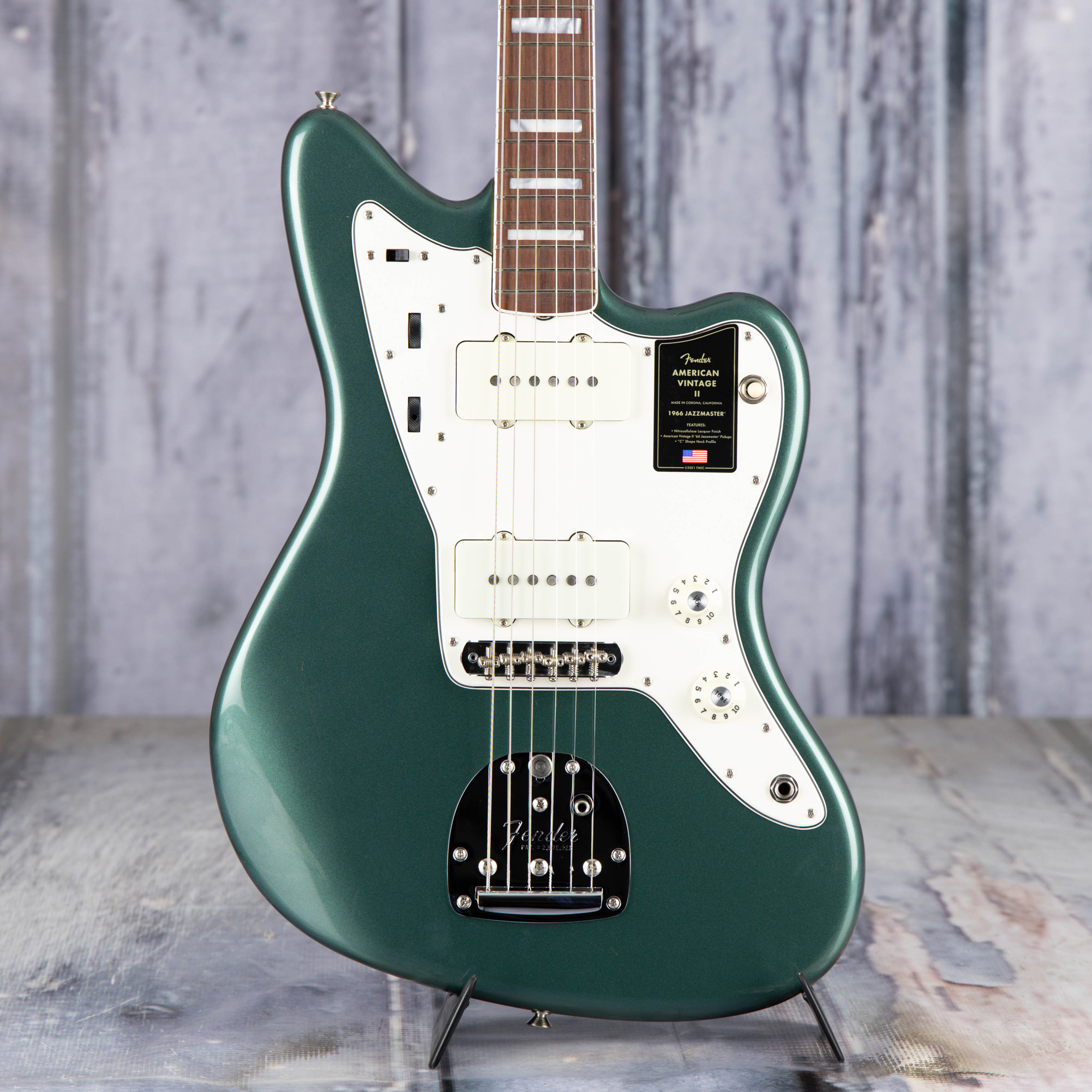 Fender American Vintage II 1966 Jazzmaster Electric Guitar, Sherwood Green Metallic, front closeup