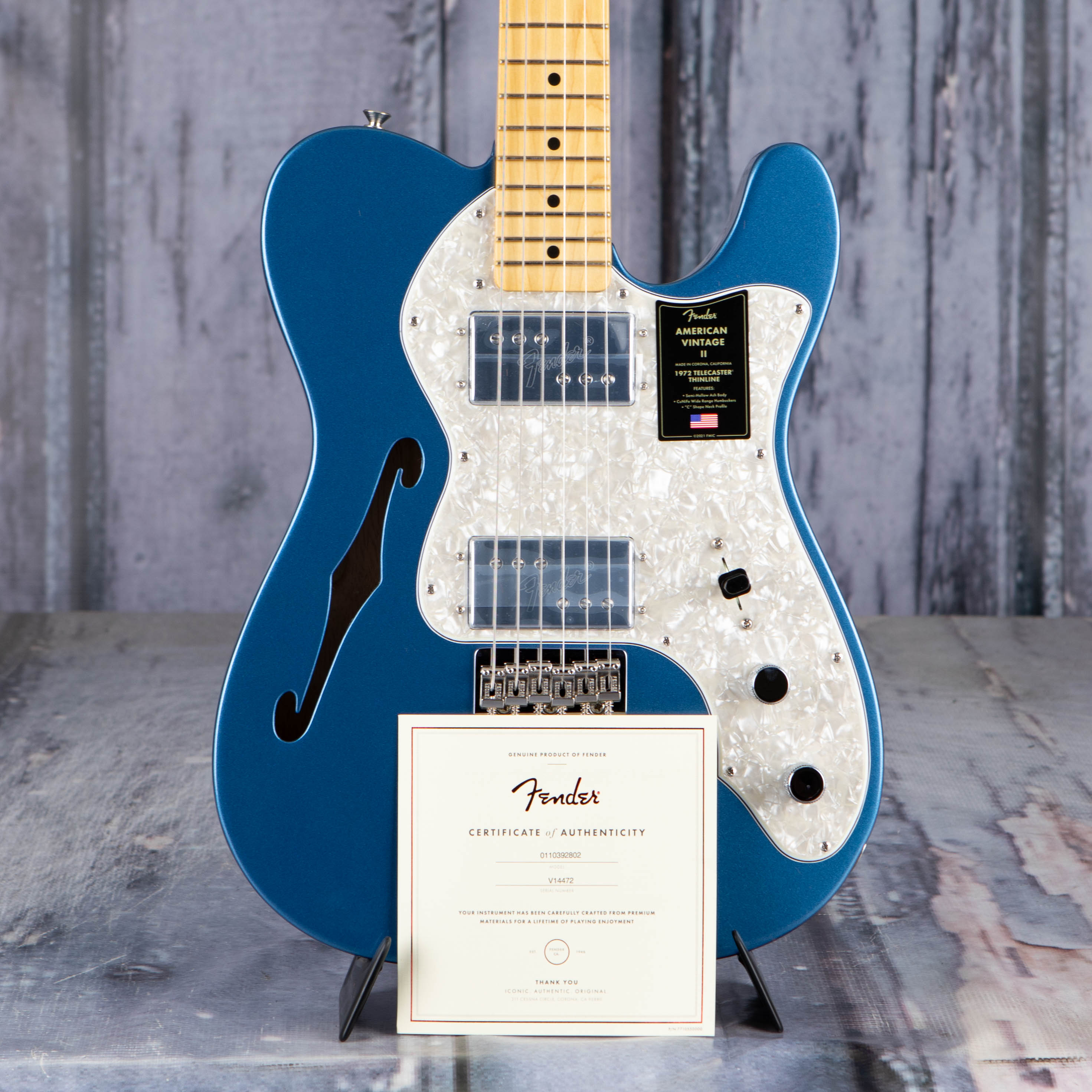 Fender American Vintage II 1972 Telecaster Thinline Semi-Hollowbody Guitar, Lake Placid Blue, coa