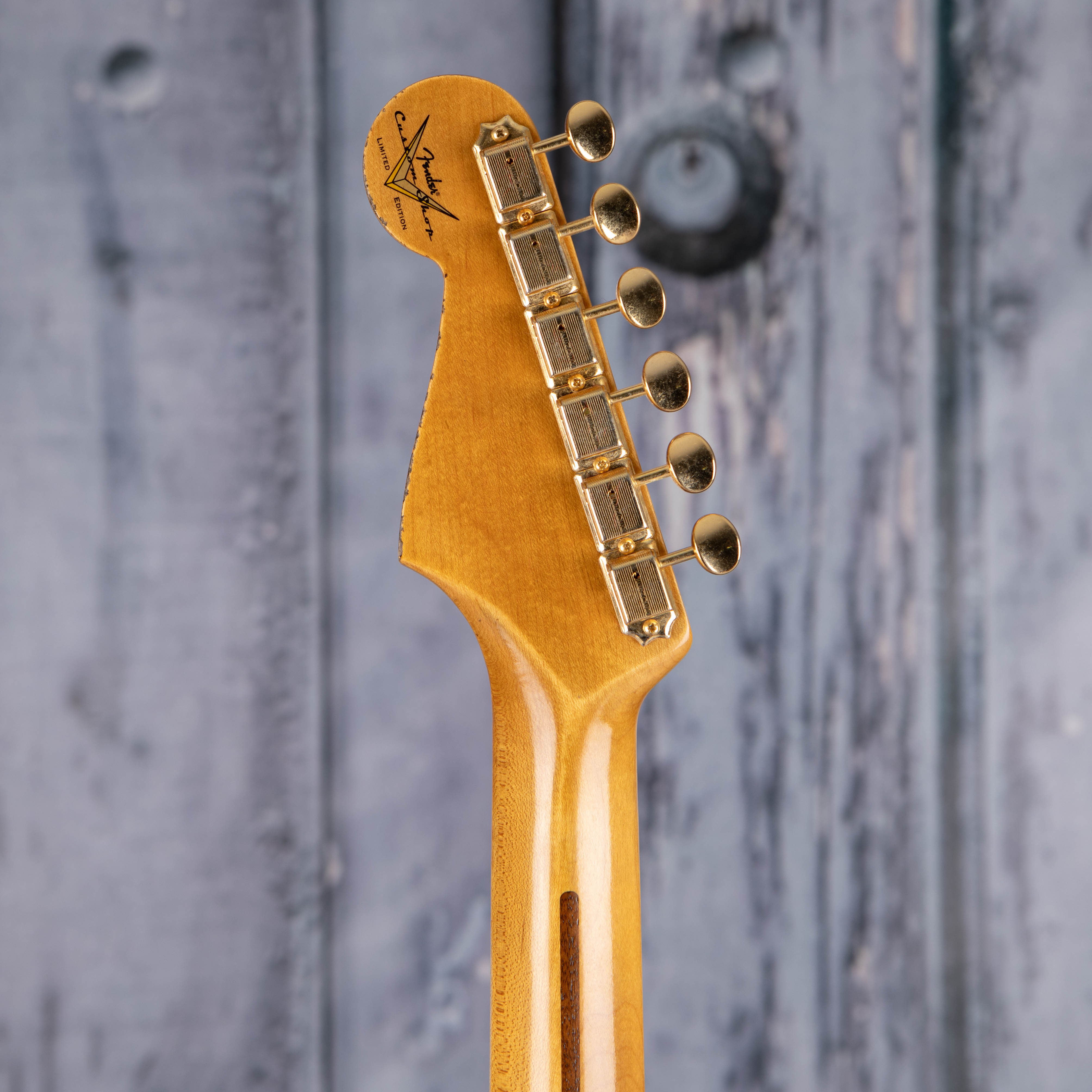 Fender Custom Shop 1956 Stratocaster Hardtail Gold Hardware Relic Closet Classic Electric Guitar, Faded Aged 2-Tone Sunburst, back headstock