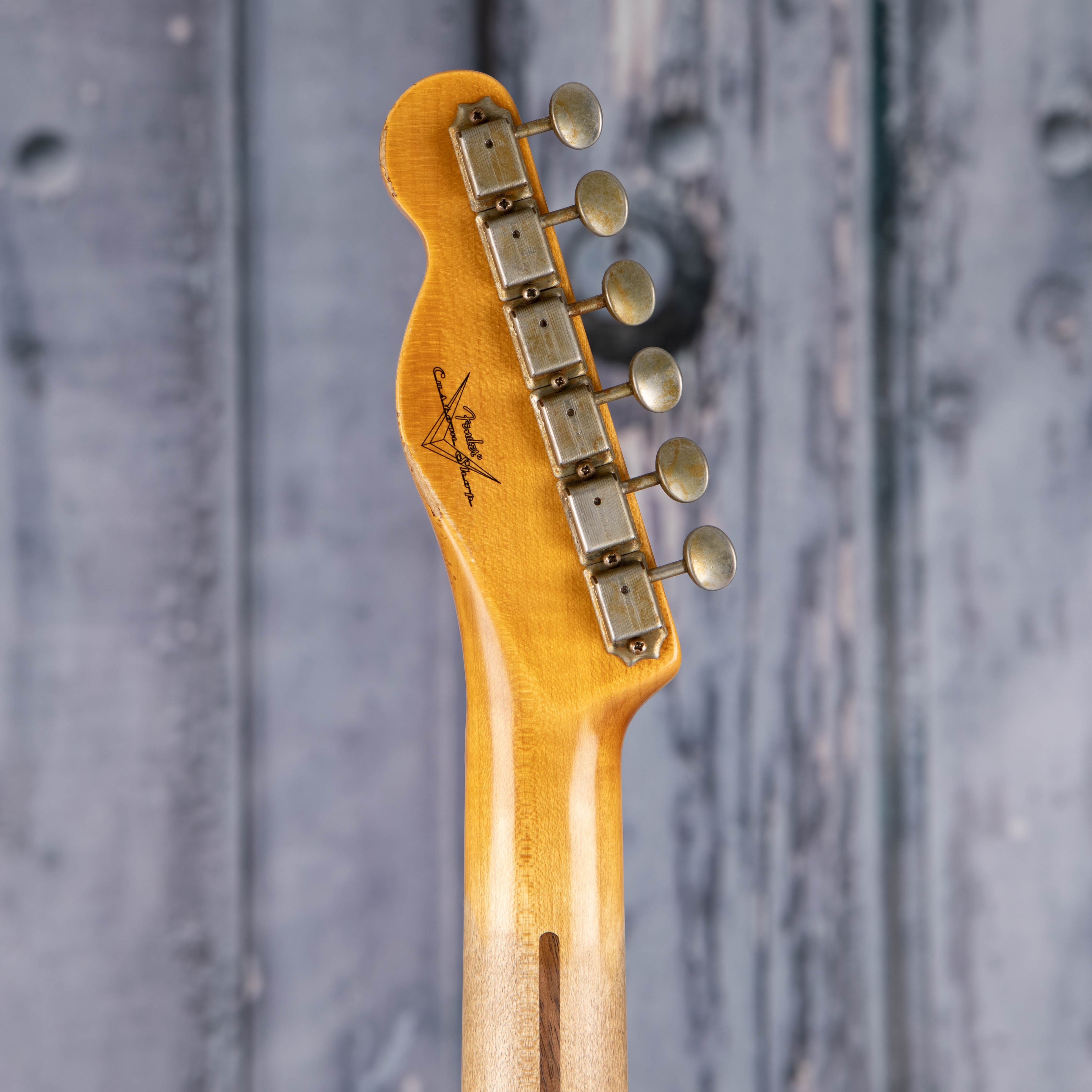 Fender Custom Shop 1959 Telecaster Custom Relic Electric Guitar, Wide-Fade Chocolate 3-Color Sunburst, back headstock
