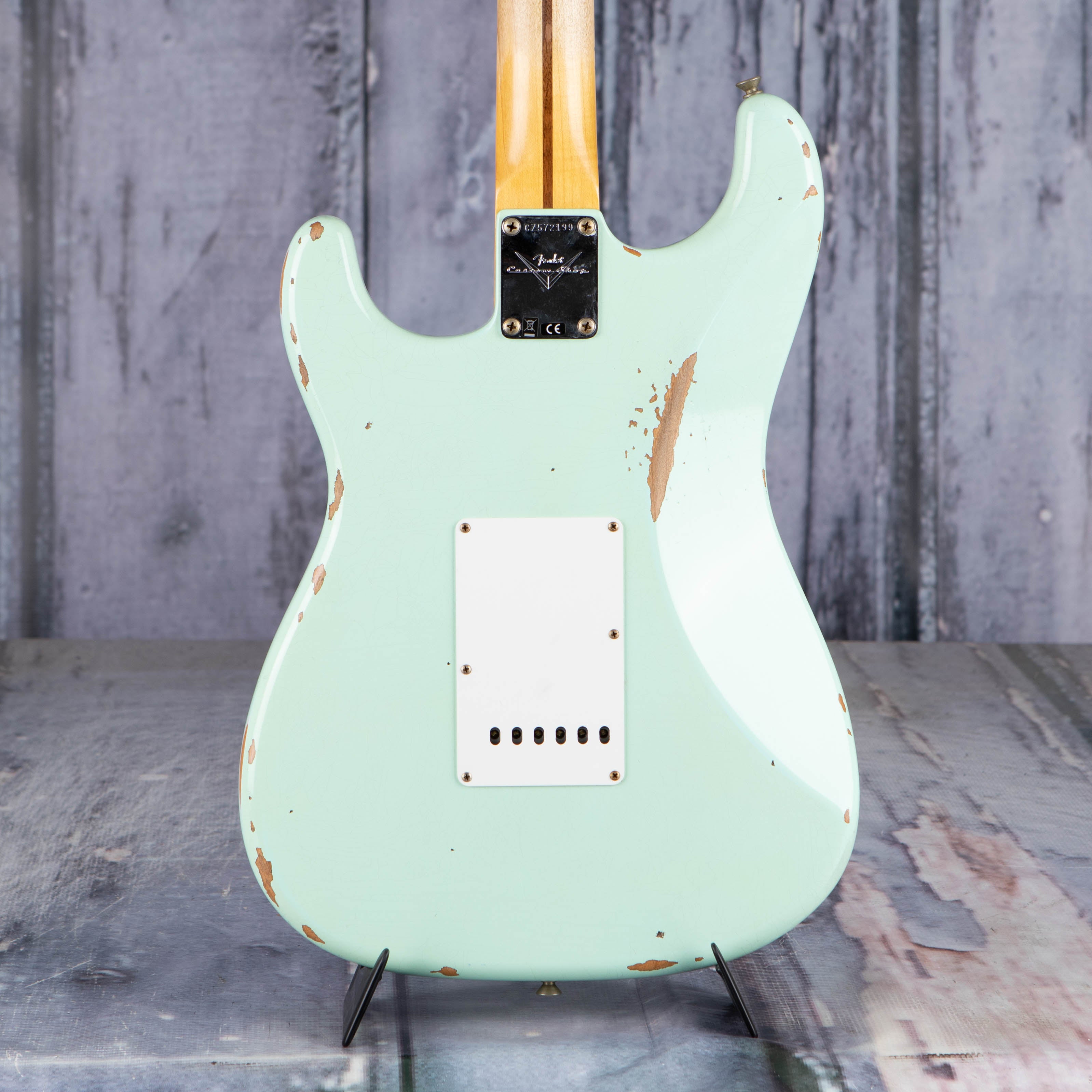Fender Custom Shop '58 Stratocaster Relic Electric Guitar, Super Faded Aged Surf Green, back closeup