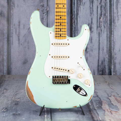 Fender Custom Shop '58 Stratocaster Relic Electric Guitar, Super Faded Aged Surf Green, front closeup
