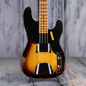 Fender Custom Shop Limited 1953 Precision Bass Heavy Relic Electric Bass Guitar, Faded Aged 2-Color Sunburst, front closeup