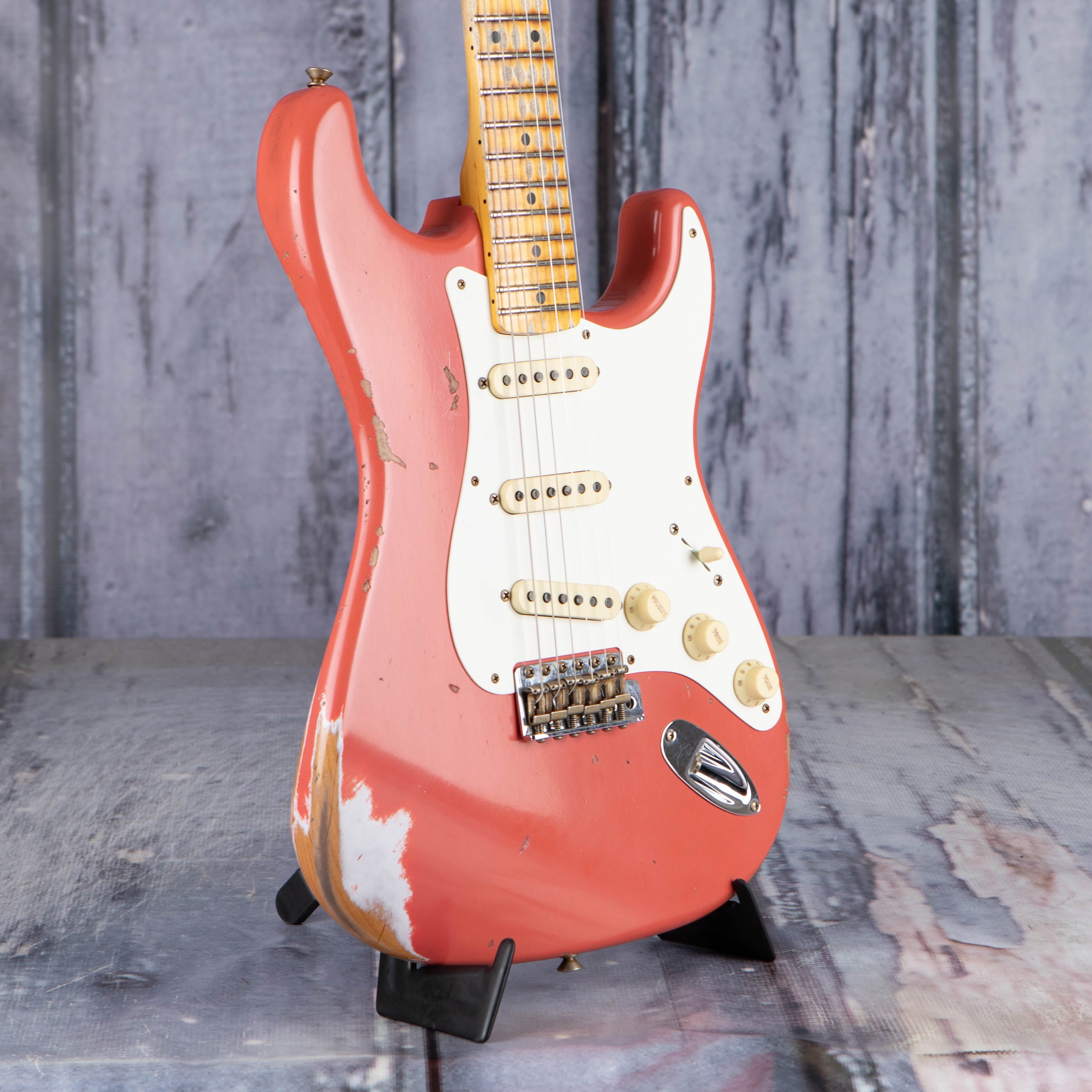 Fender Custom Shop Limited 1956 Stratocaster Heavy Relic Electric Guitar, Faded Aged Tahitian Coral, angle