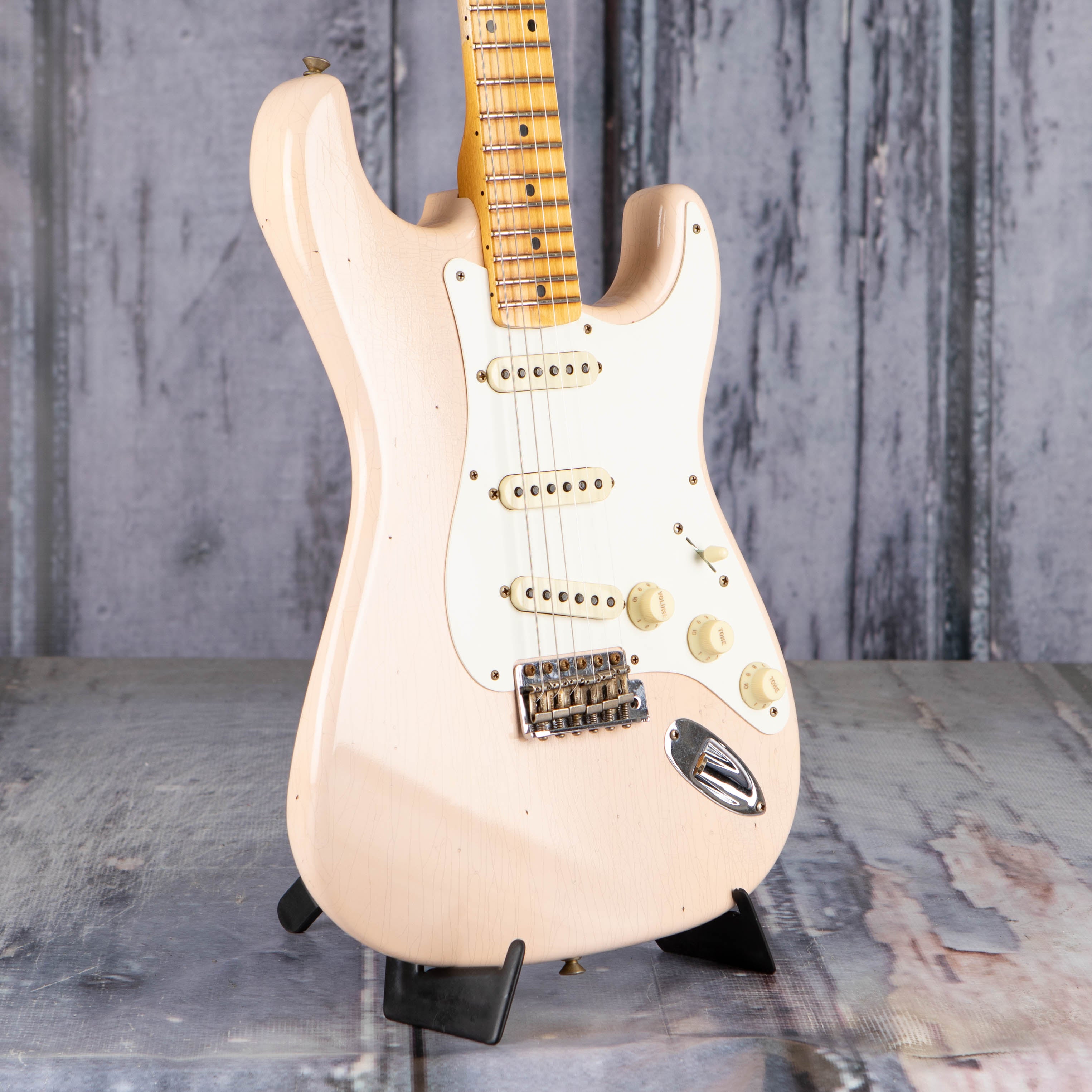 Fender Custom Shop Limited 1956 Stratocaster Journeyman Relic Electric Guitar, Super Faded Aged Shell Pink, angle