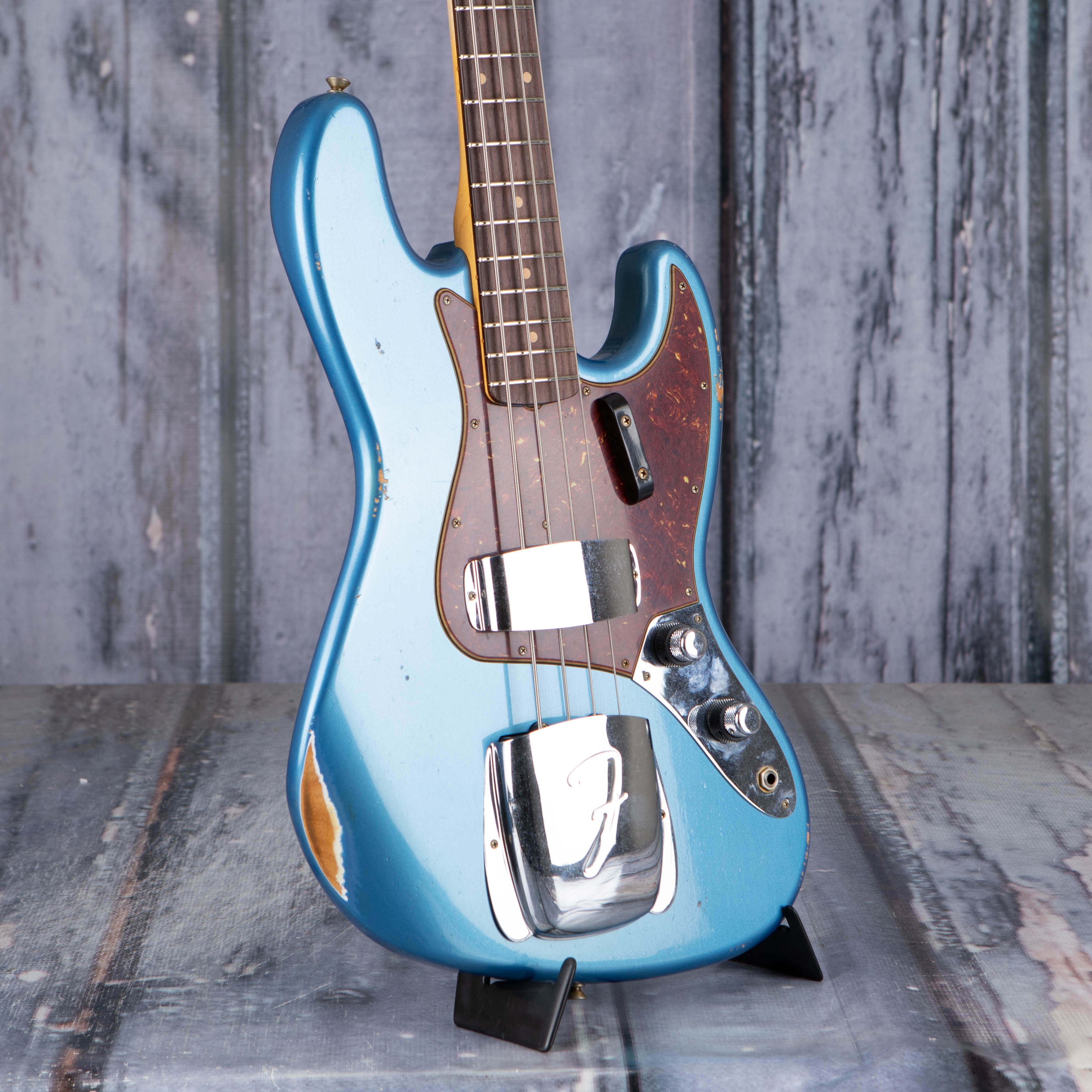 Fender Custom Shop Limited 1960 Jazz Bass Relic Electric Bass Guitar, Aged Lake Placid Blue, angle