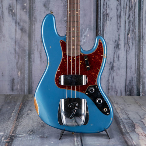 Fender Custom Shop Limited 1960 Jazz Bass Relic Electric Bass Guitar, Aged Lake Placid Blue, front closeup
