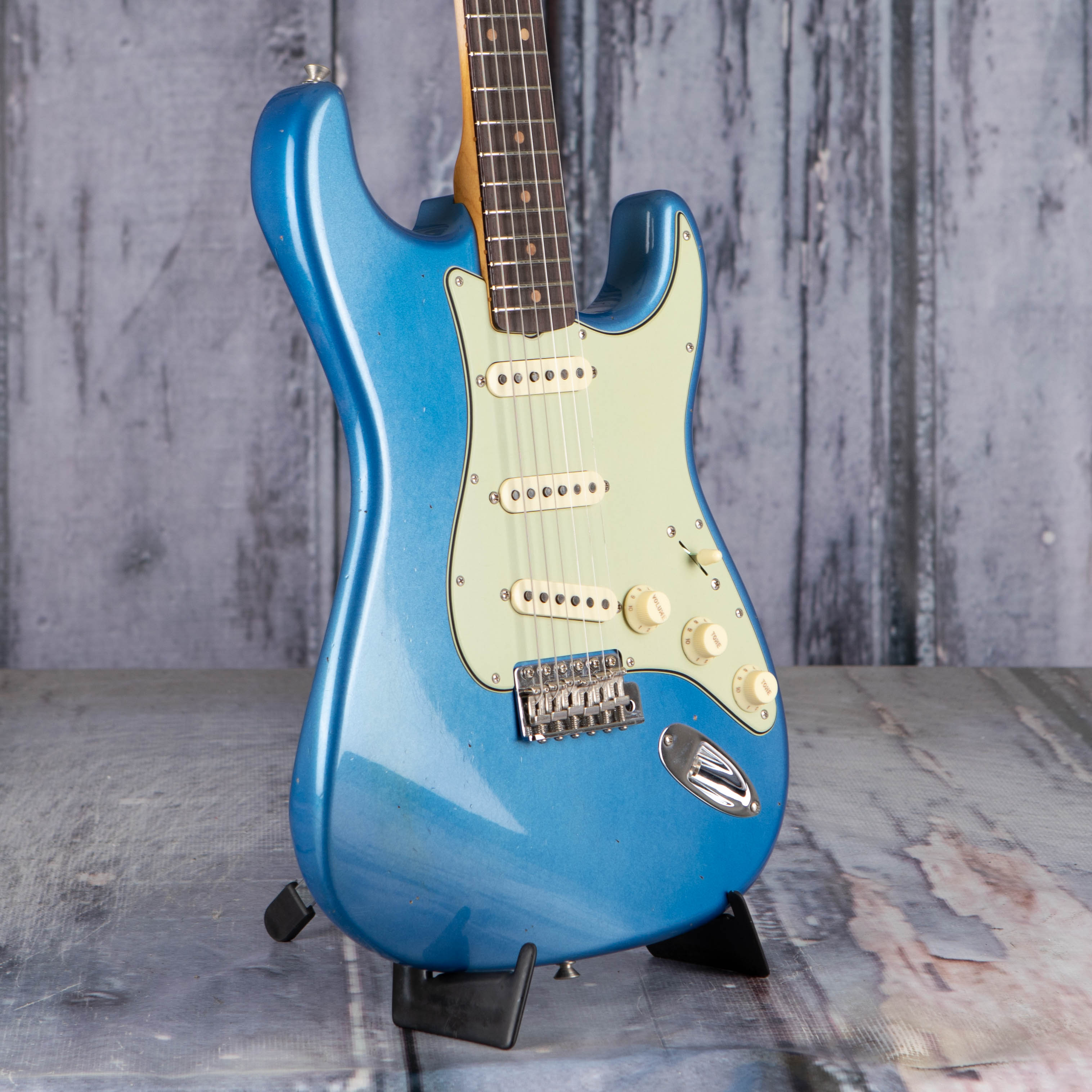 Fender Custom Shop Limited 1963 Stratocaster Journeyman Relic Closet Classic Electric Guitar, Aged Lake Placid Blue, angle