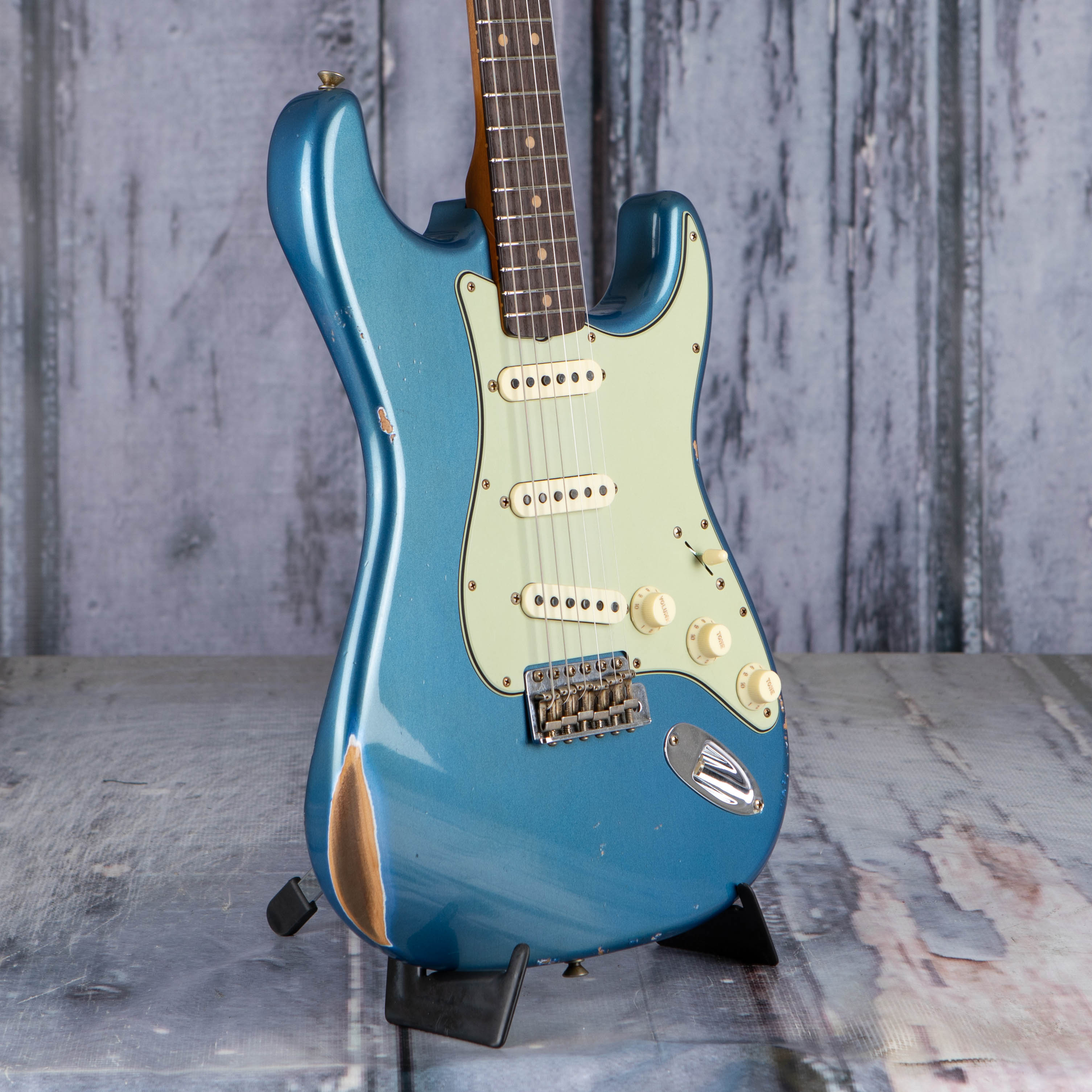 Fender Custom Shop Limited 1963 Stratocaster Relic Electric Guitar, Aged Lake Placid Blue, angle