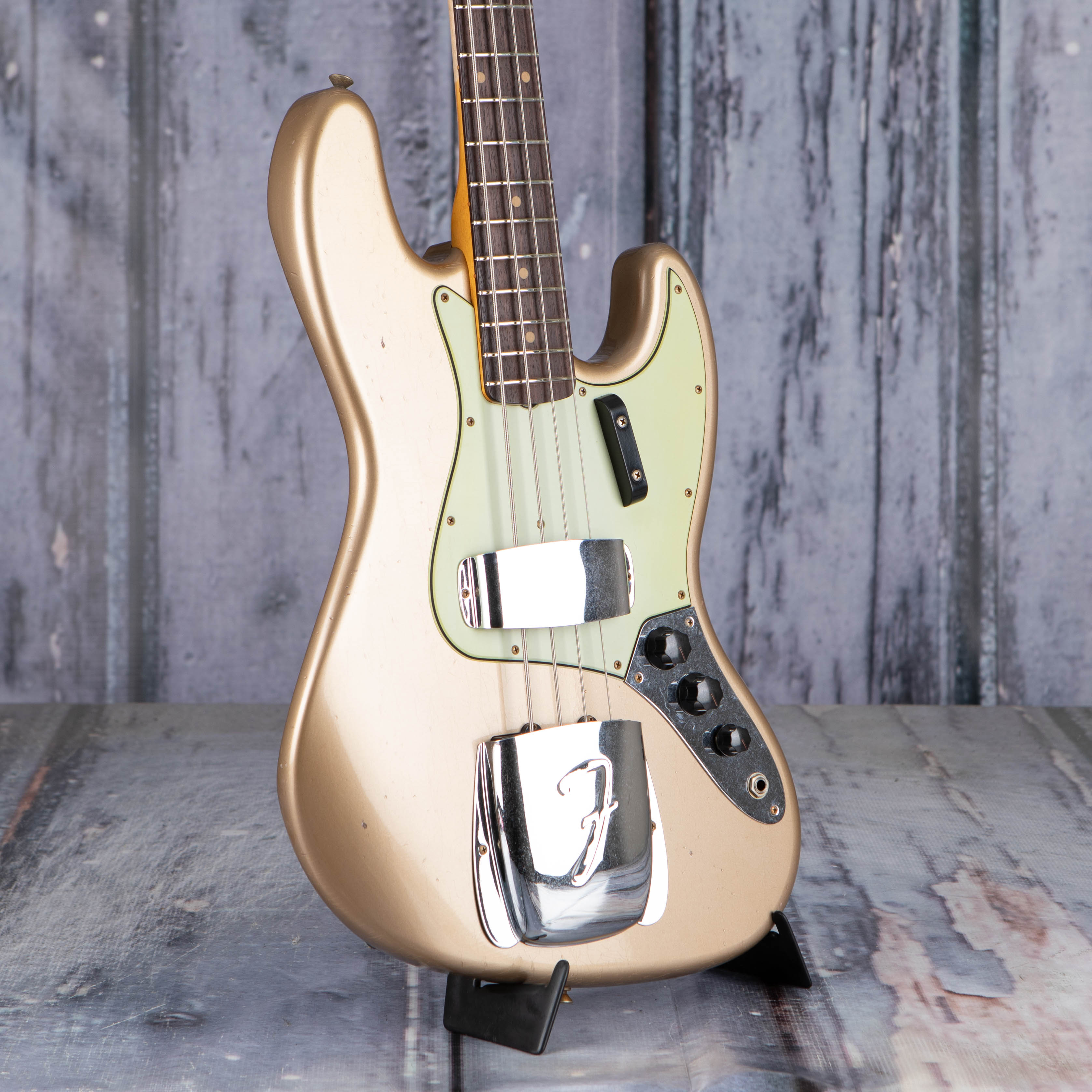 Fender Custom Shop Limited Edition 1964 Jazz Bass Journeyman Relic Electric Bass Guitar, Aged Shoreline Gold, angle