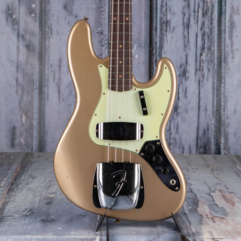Fender Custom Shop Limited Edition 1964 Jazz Bass Journeyman Relic Electric Bass Guitar, Aged Shoreline Gold, front closeup