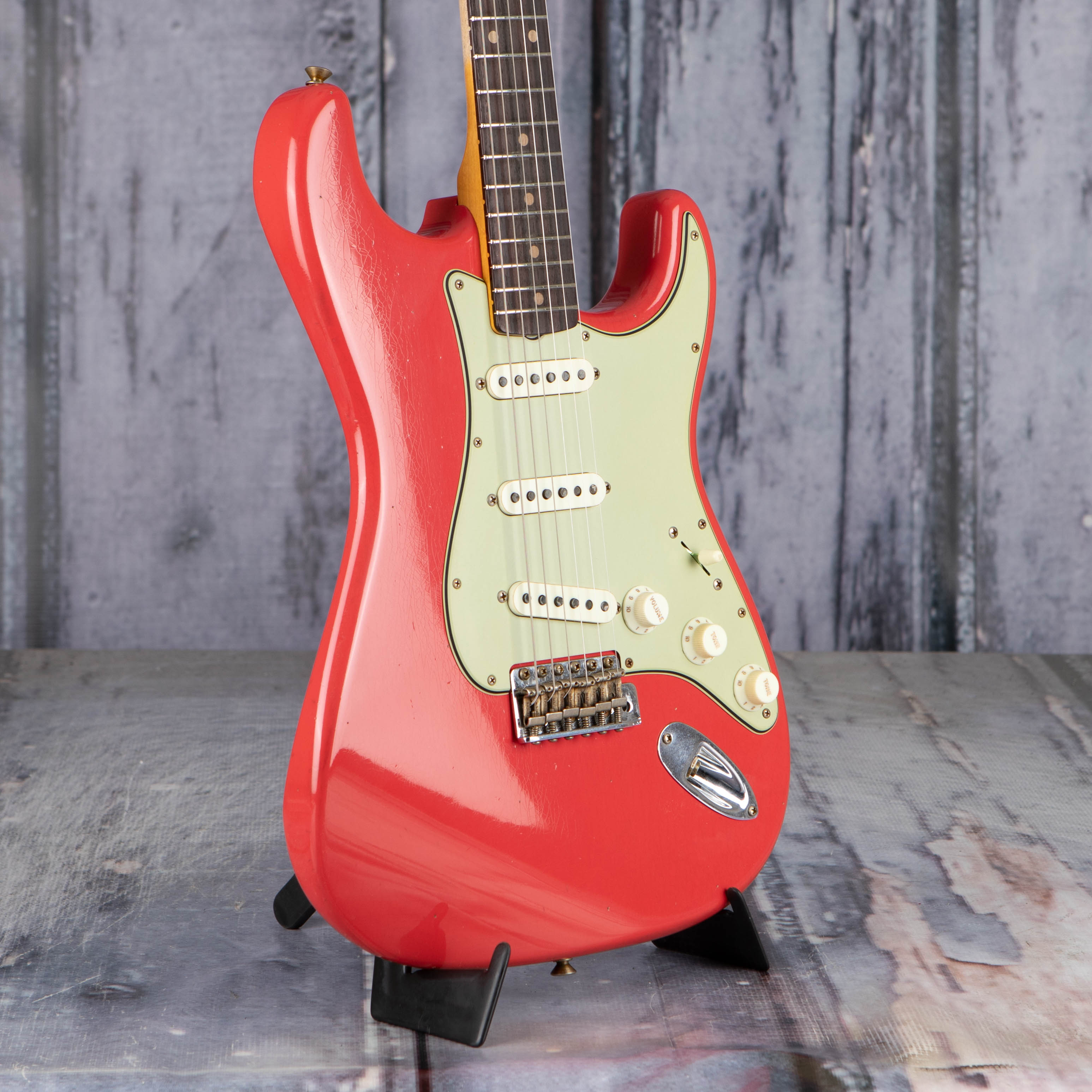 Fender Custom Shop Limited '62/'63 Stratocaster Journeyman Relic Electric Guitar, Aged Fiesta Red, angle