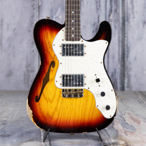 Fender Custom Shop Limited Bobbed Telecaster Thinline Relic Electric Guitar, 3-Tone Sunburst, front closeup