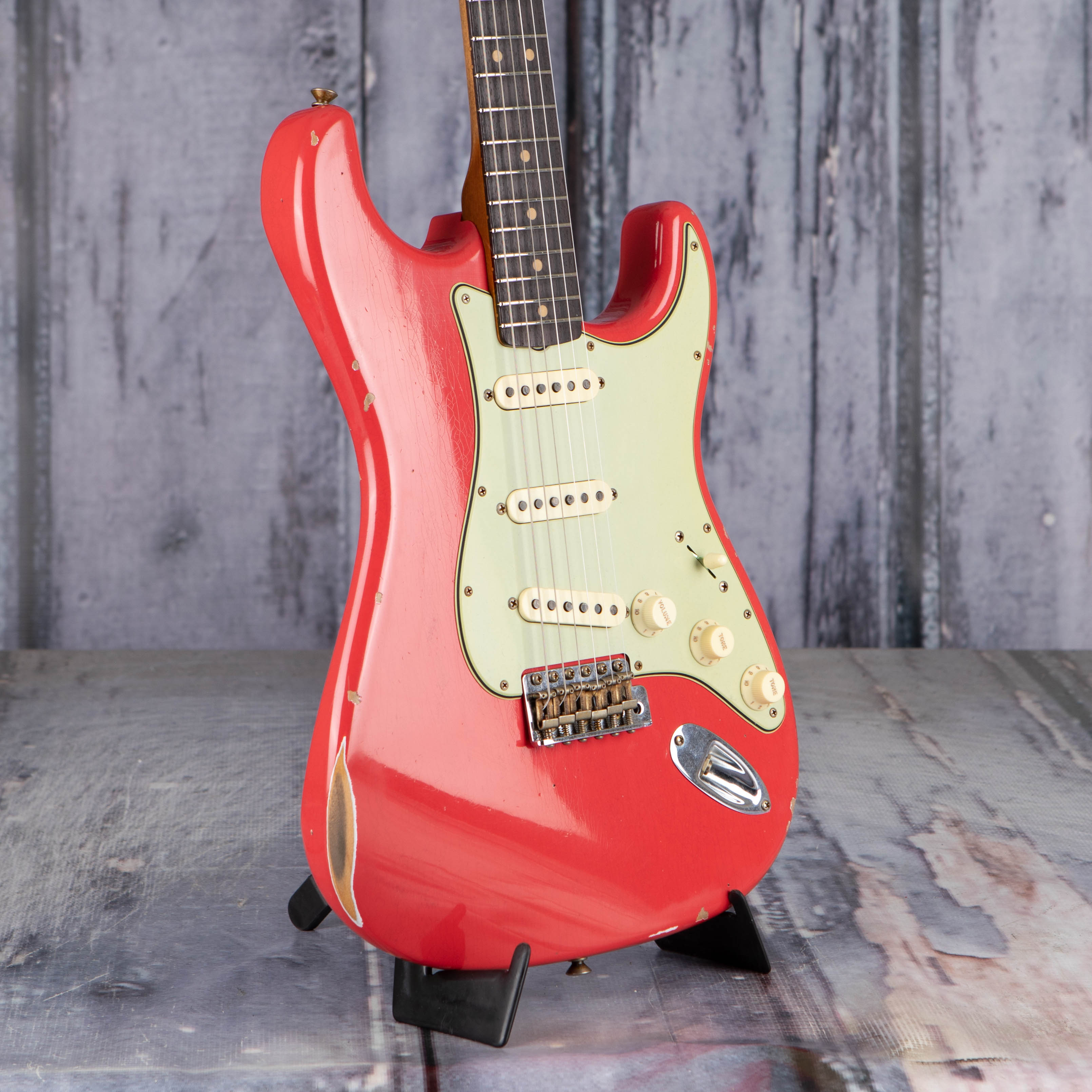 Fender Custom Shop Limited Edition 1963 Stratocaster Relic Electric Guitar, Aged Fiesta Red, angle