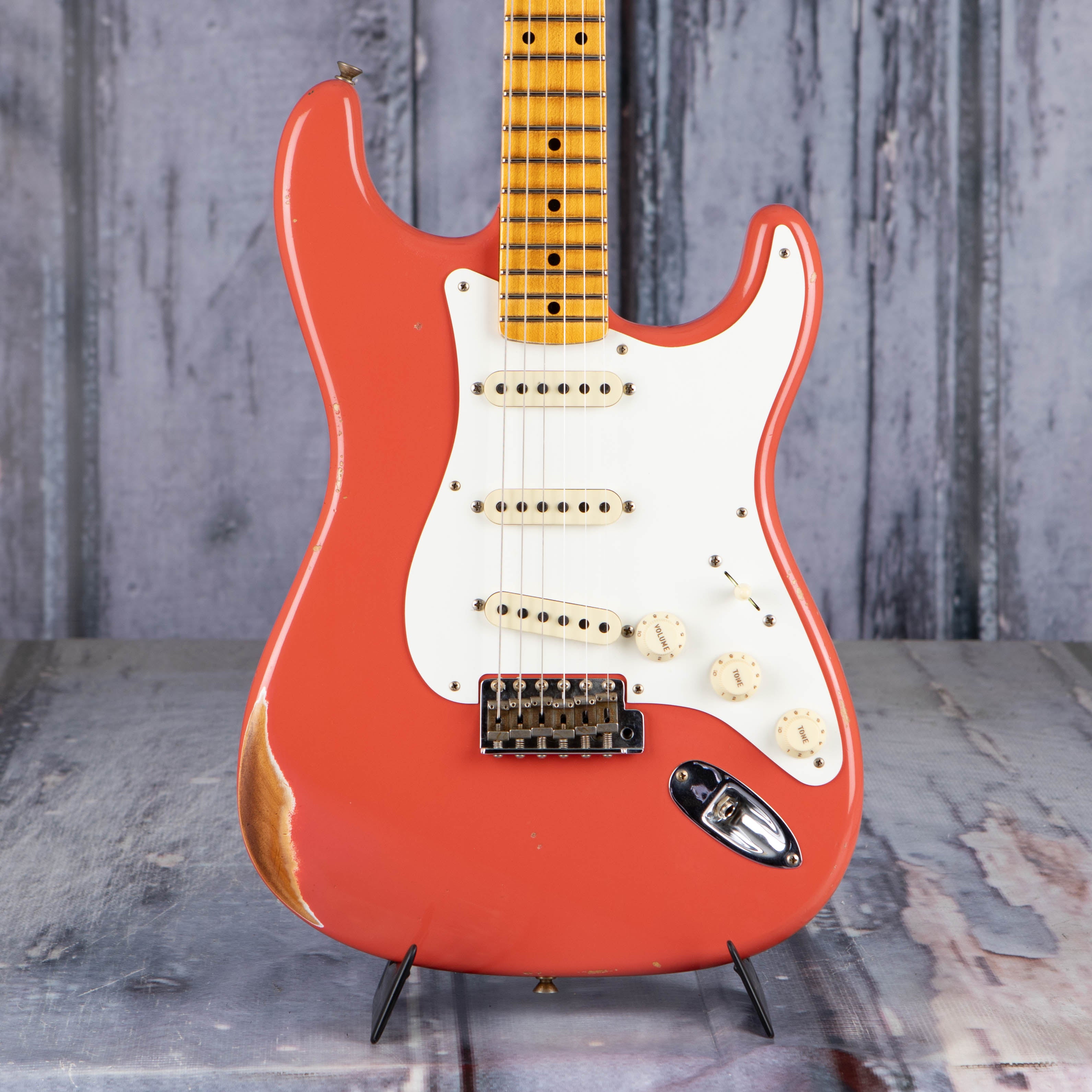 Fender Custom Shop Limited Edition '57 Stratocaster Relic Electric Guitar, Aged Tahitian Coral, front closeup