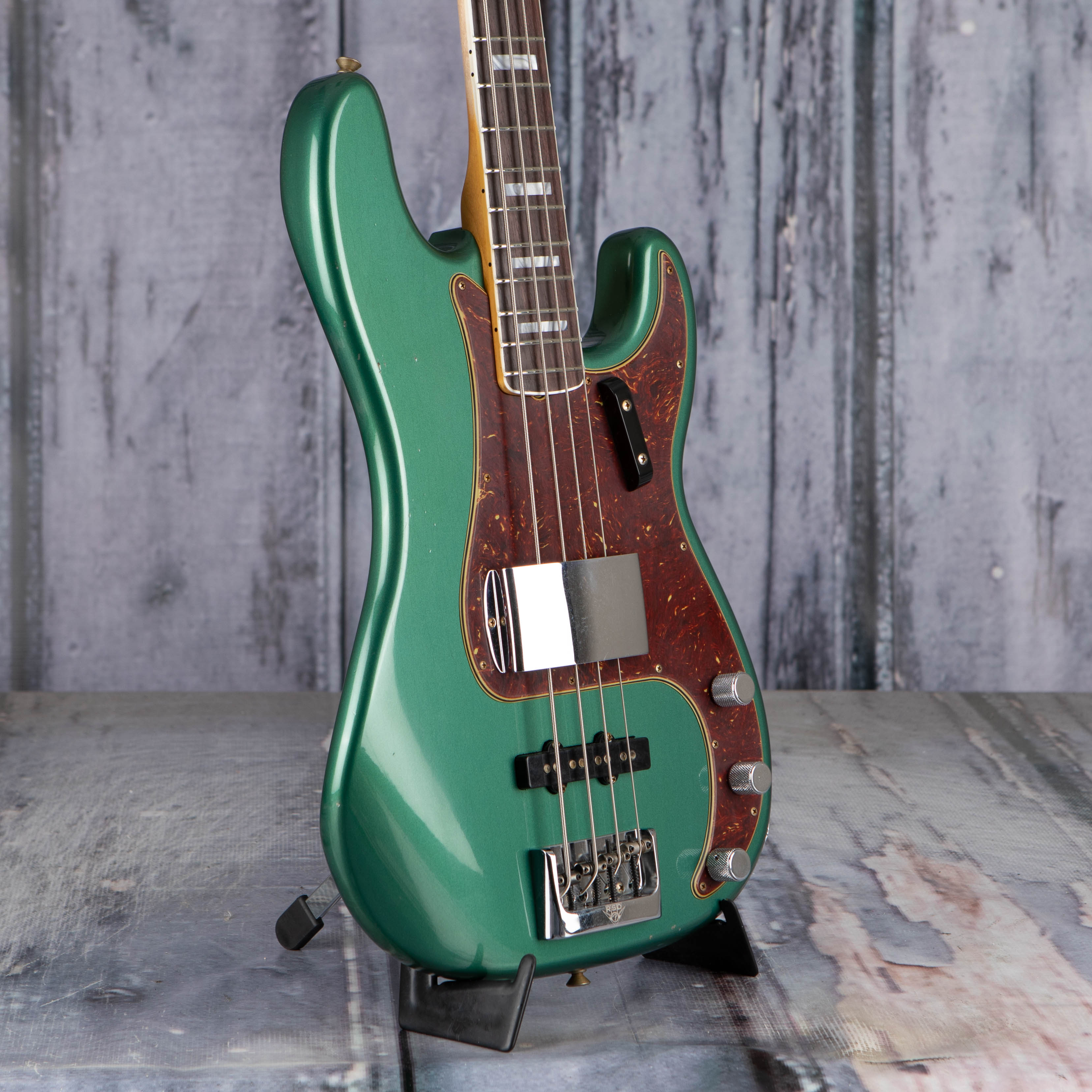 Fender Custom Shop Limited Edition Precision Bass Special Journeyman Relic Electric Bass Guitar, Aged Sherwood Green Metallic, angle