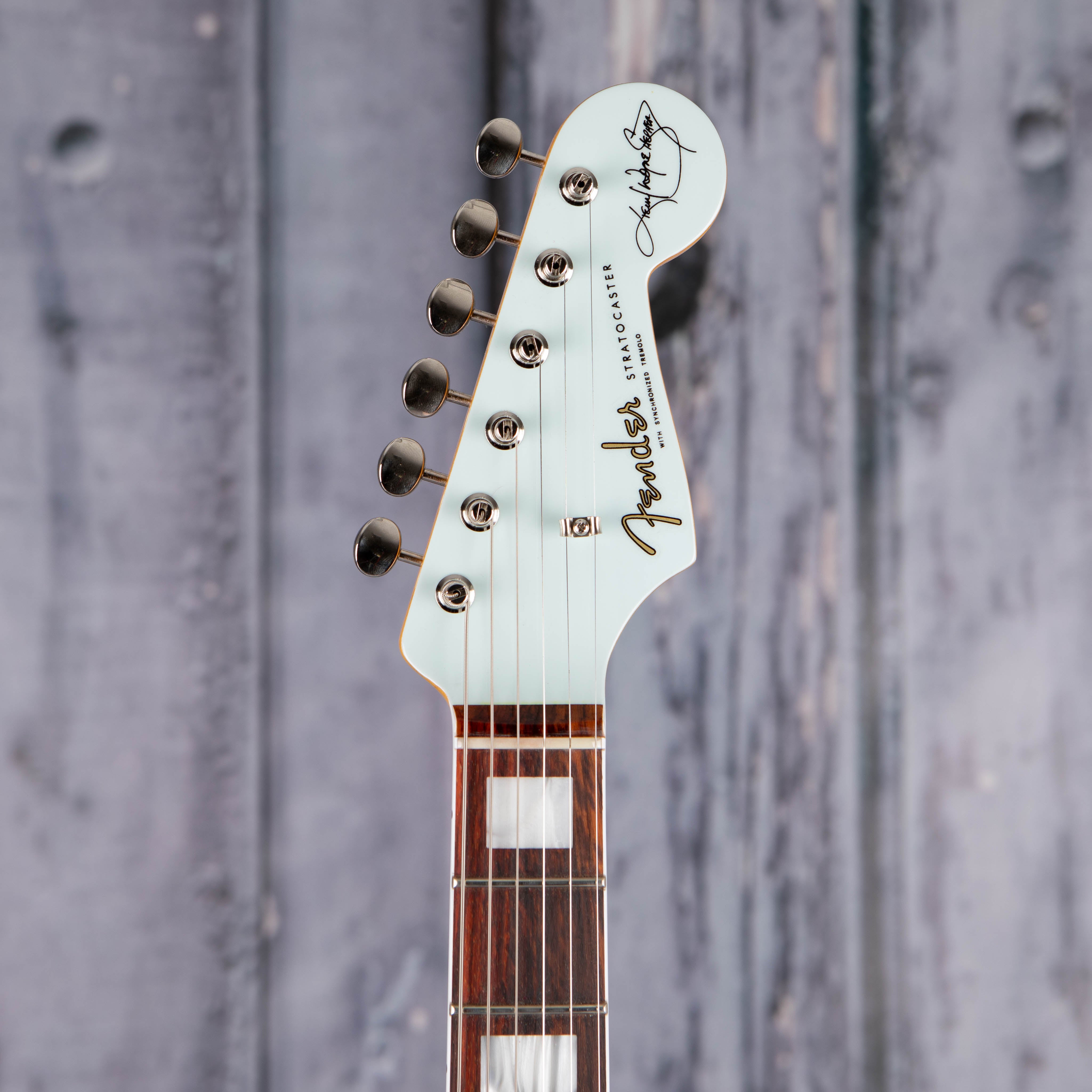 Fender Kenny Wayne Shepherd Stratocaster Electric Guitar, Transparent Faded Sonic Blue, front headstock