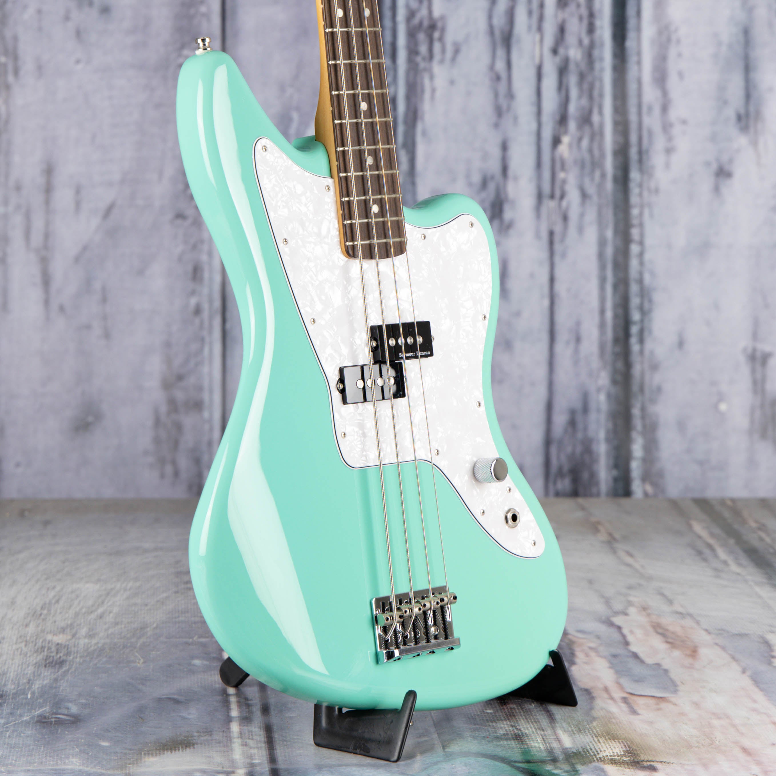 Fender Limited Edition Mark Hoppus Jaguar Electric Bass Guitar, Sea Foam Green, angle