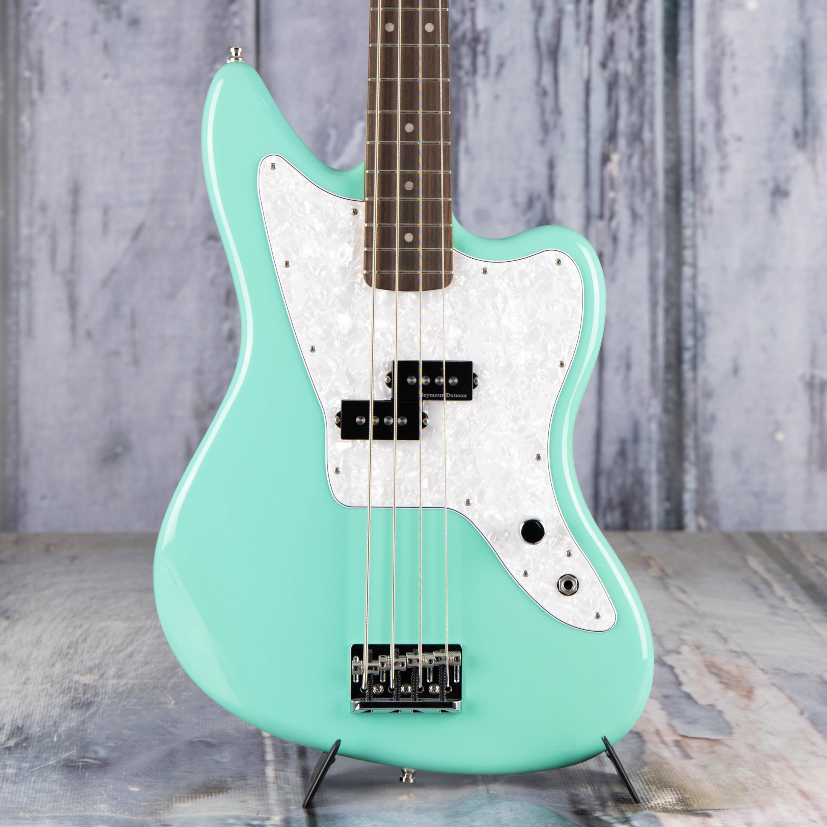 Fender Limited Edition Mark Hoppus Jaguar Electric Bass Guitar, Sea Foam Green, front closeup