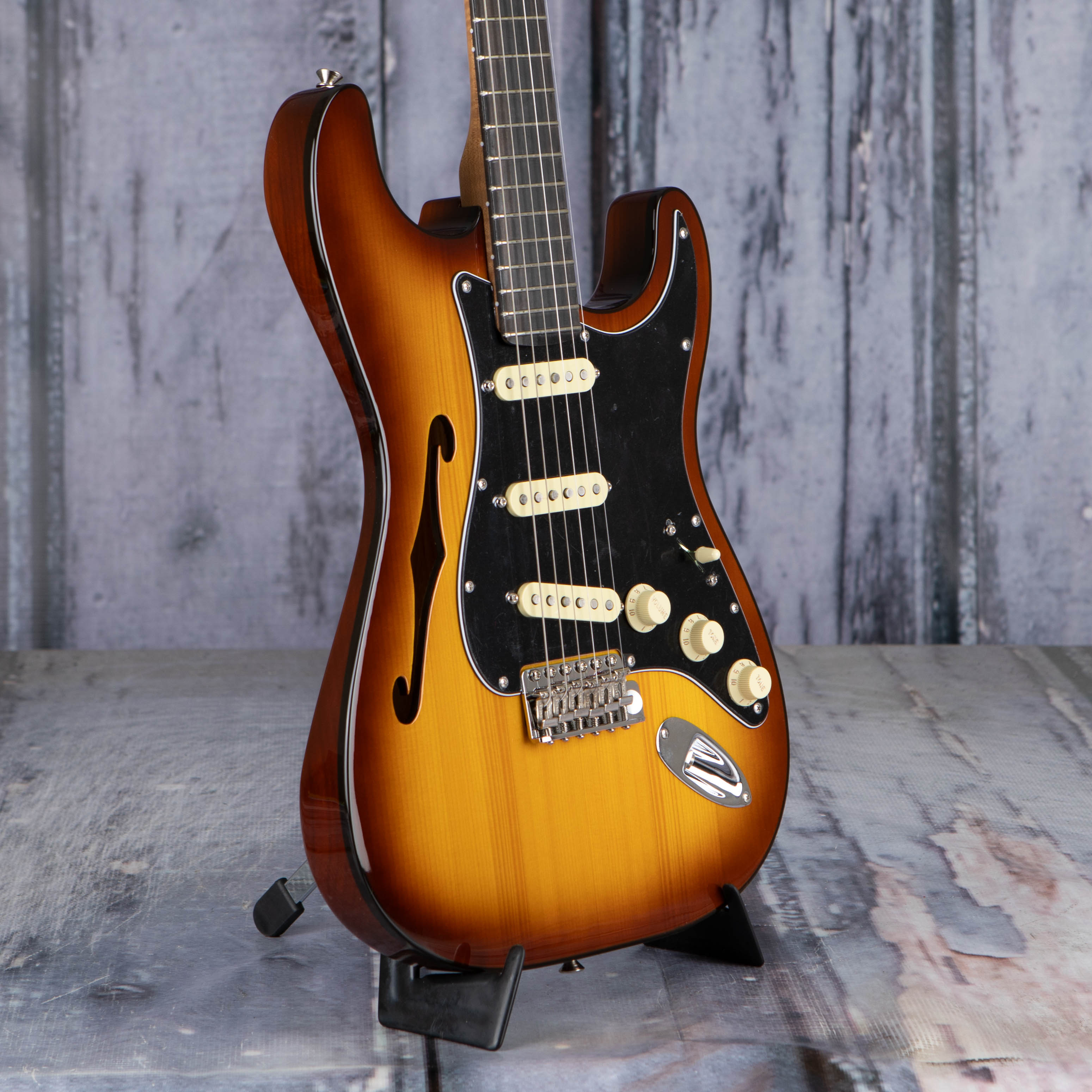 Fender Limited Edition Suona Stratocaster Thinline Semi-Hollowbody Guitar, Violin Burst, angle