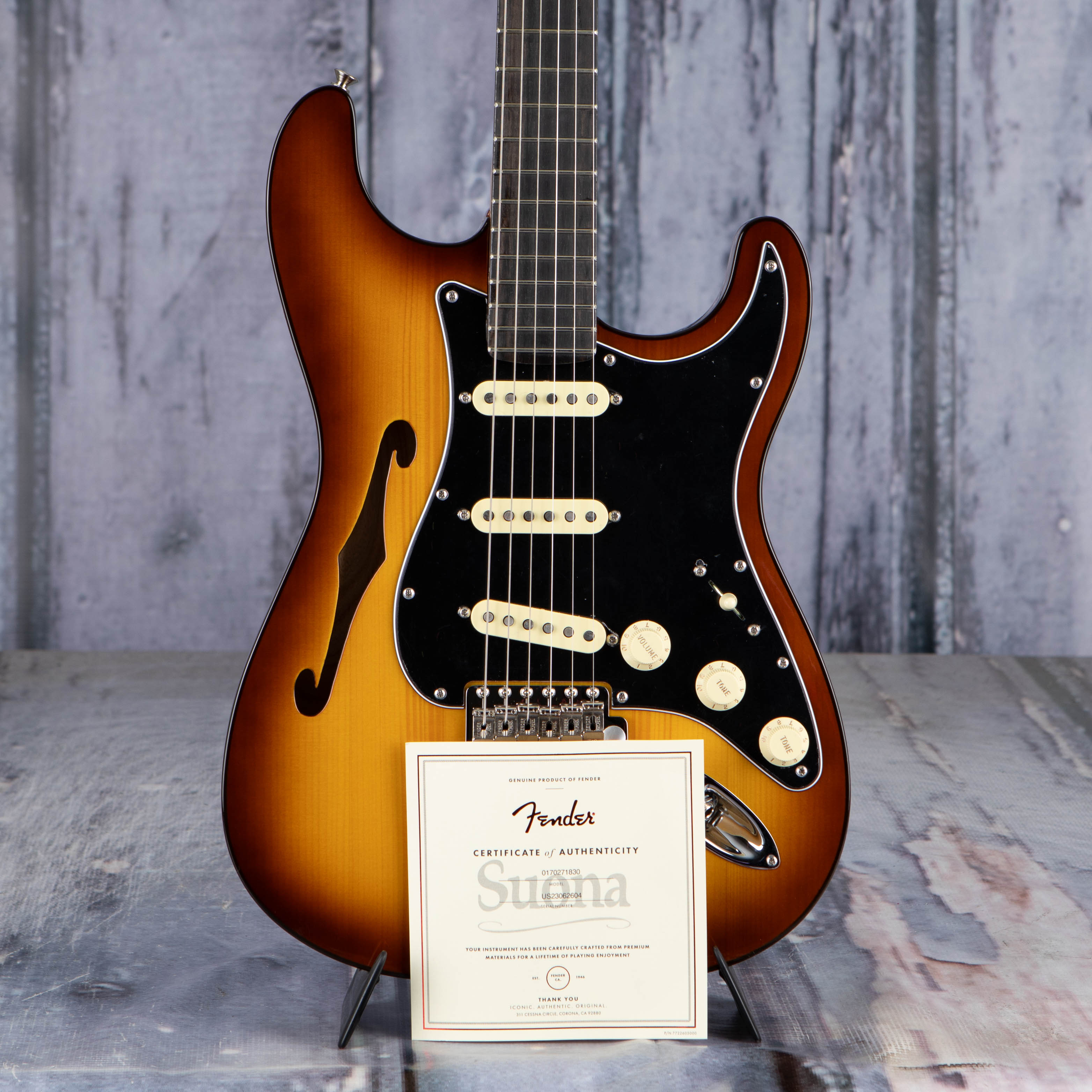 Fender Limited Edition Suona Stratocaster Thinline Semi-Hollowbody Guitar, Violin Burst, coa