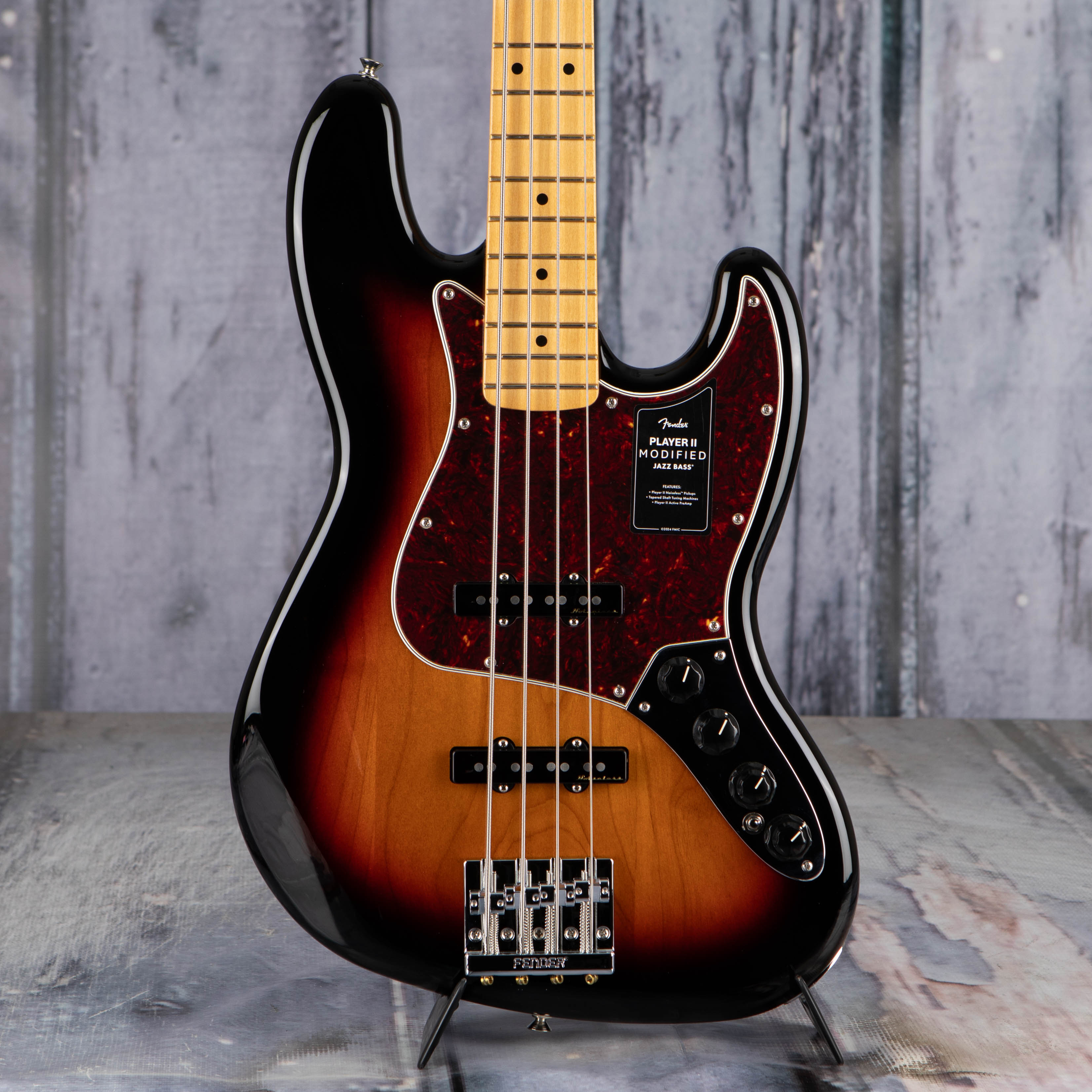 Fender Player II Modified Active Jazz Bass Guitar, 3 Tone Sunburst, front closeup