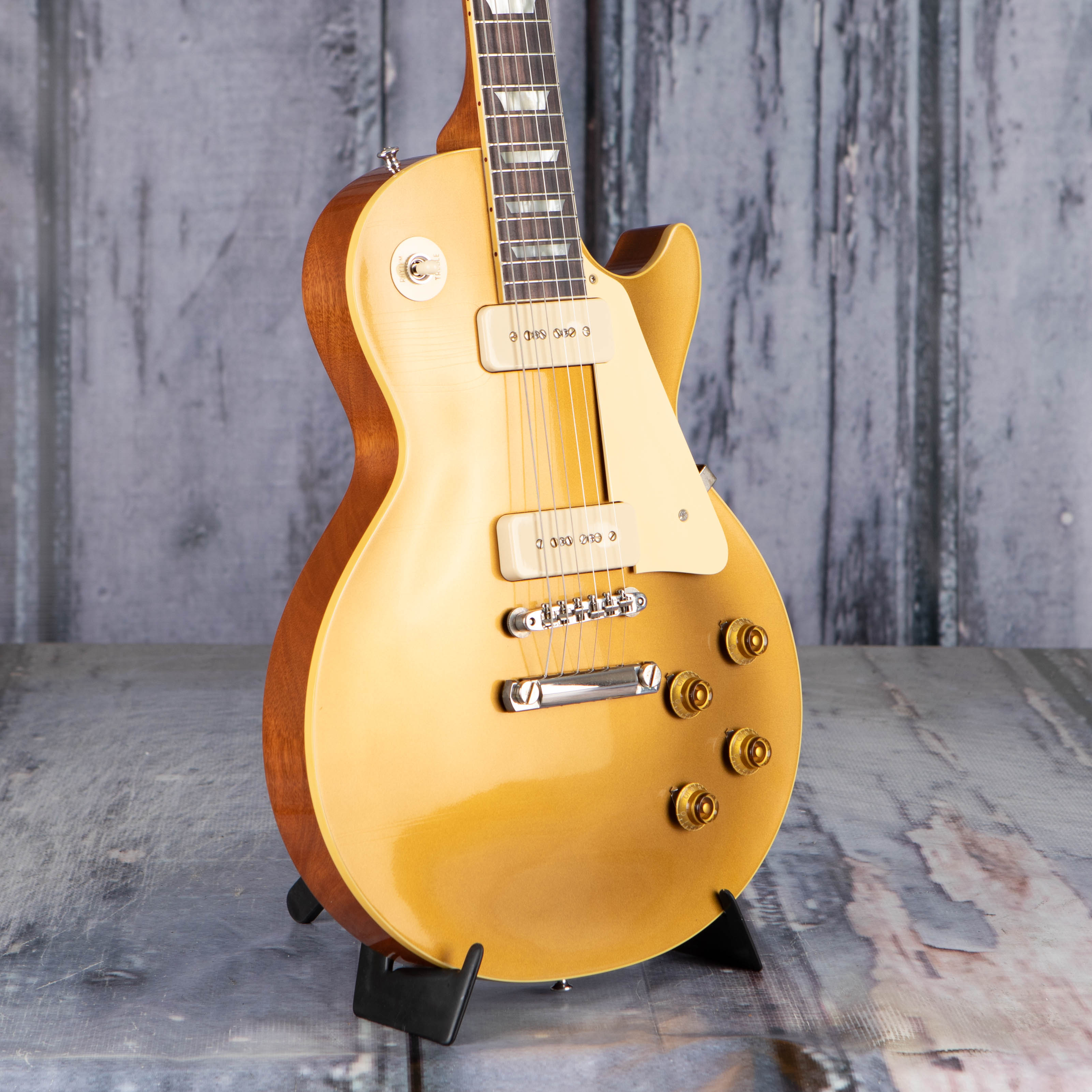 Gibson Custom Shop 1956 Les Paul Goldtop Reissue Murphy Lab Ultra Light Aged Electric Guitar, Double Gold, angle