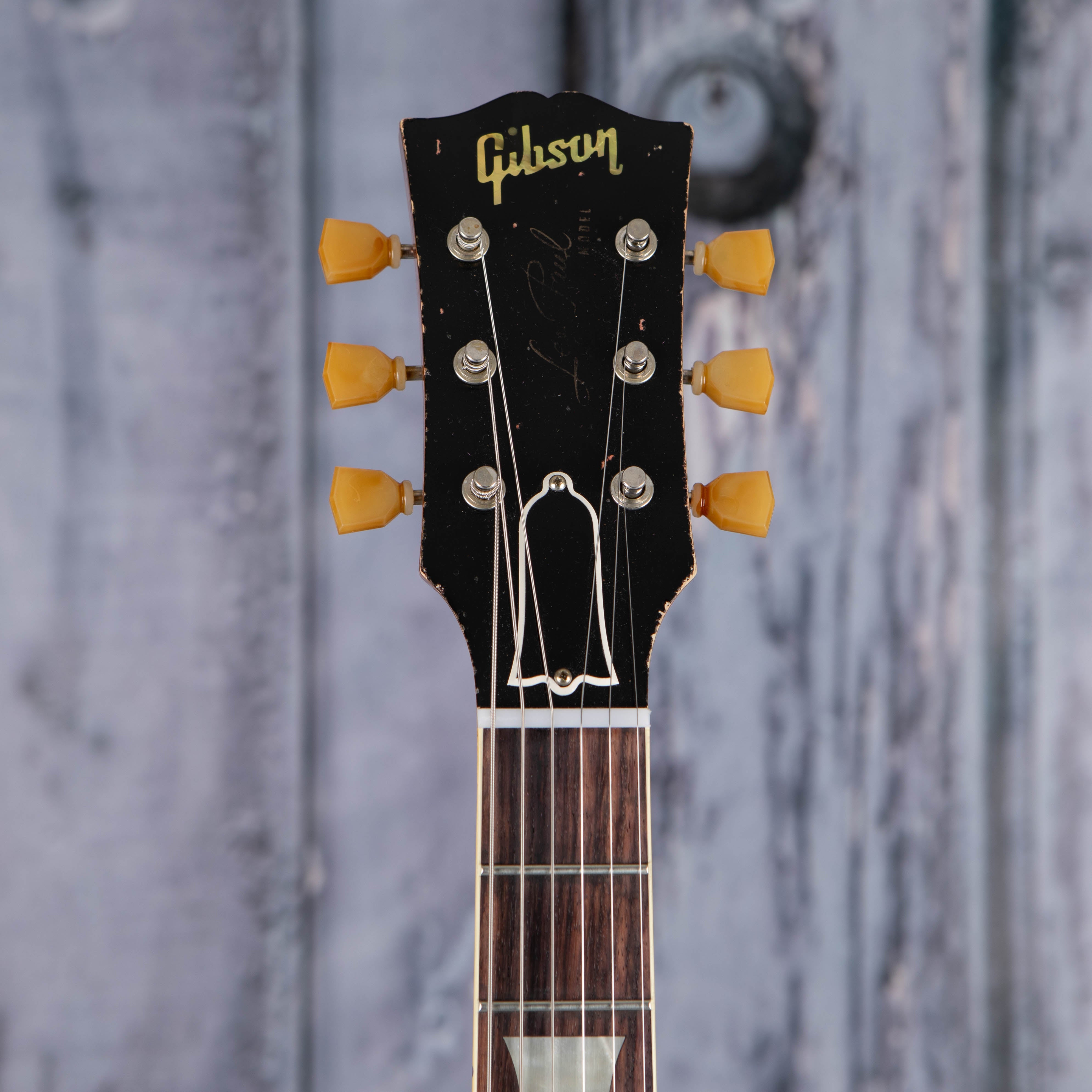 Gibson Custom Shop 1959 Les Paul Standard Reissue Murphy Lab Heavy Aged Electric Guitar, Green Lemon Fade, front headstock
