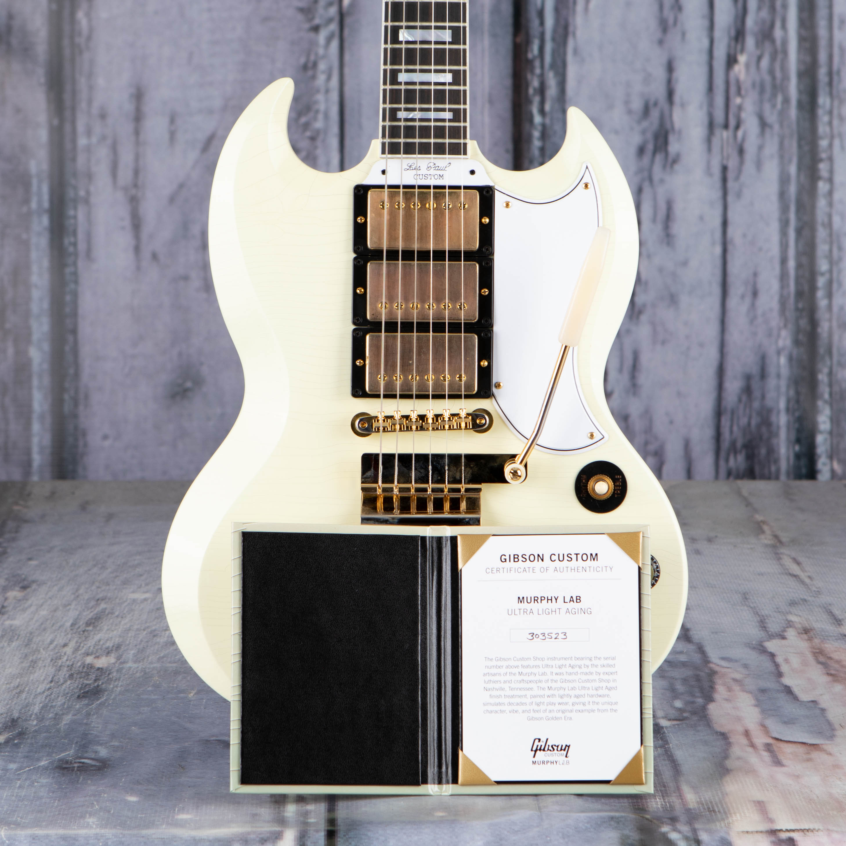 Gibson Custom Shop 1963 Les Paul SG Custom With Maestro Vibrola Murphy Lab Ultra Light Aged Electric Guitar, Classic White, coa