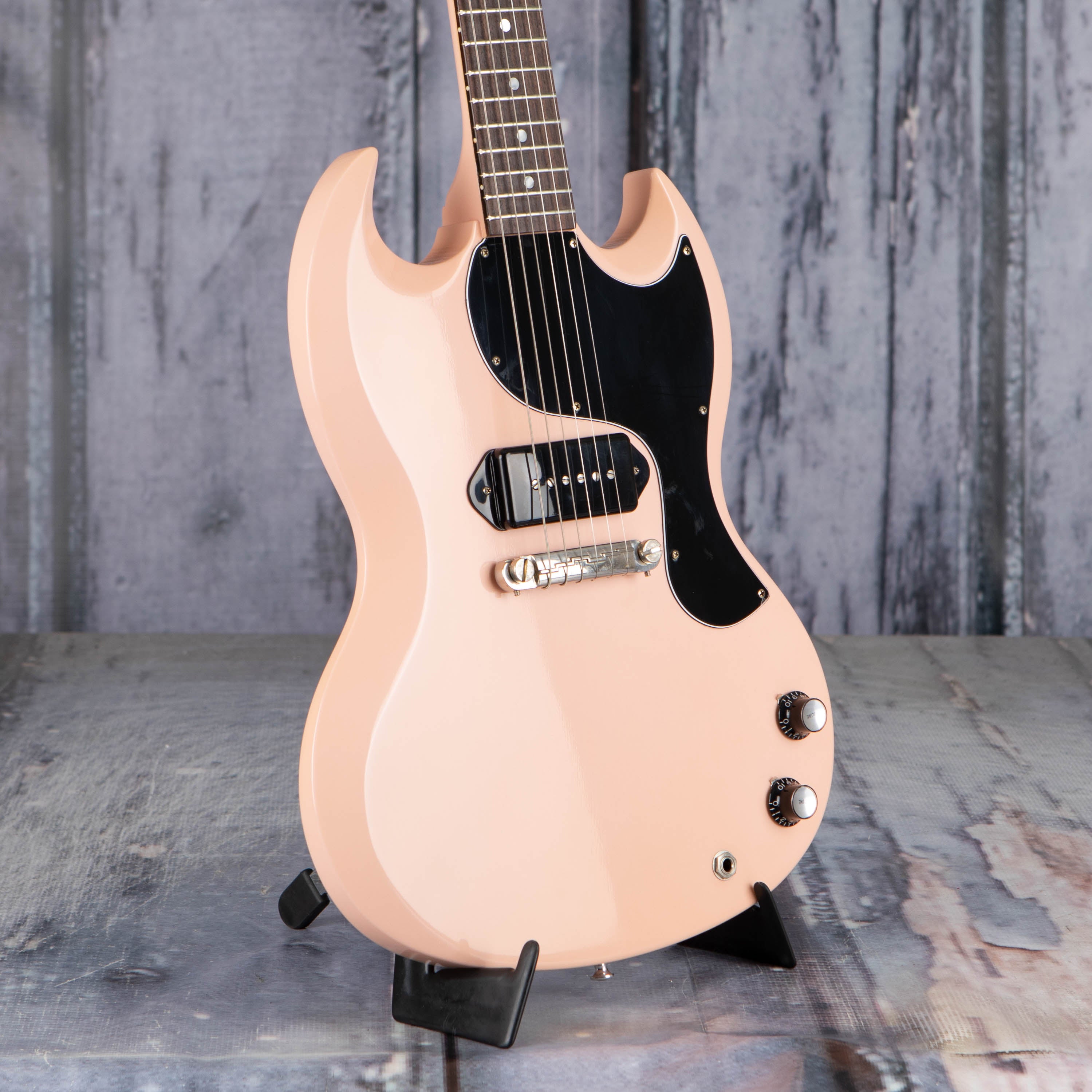 Gibson Custom Shop 1963 SG Junior Reissue Lightning Bar VOS Electric Guitar, Antique Shell Pink, angle