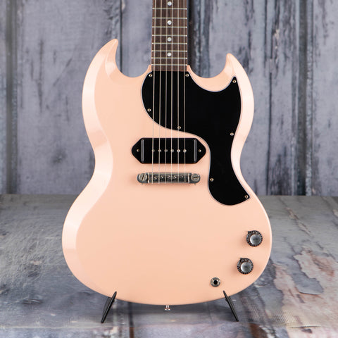 Gibson Custom Shop 1963 SG Junior Reissue Lightning Bar VOS Electric Guitar, Antique Shell Pink, front closeup